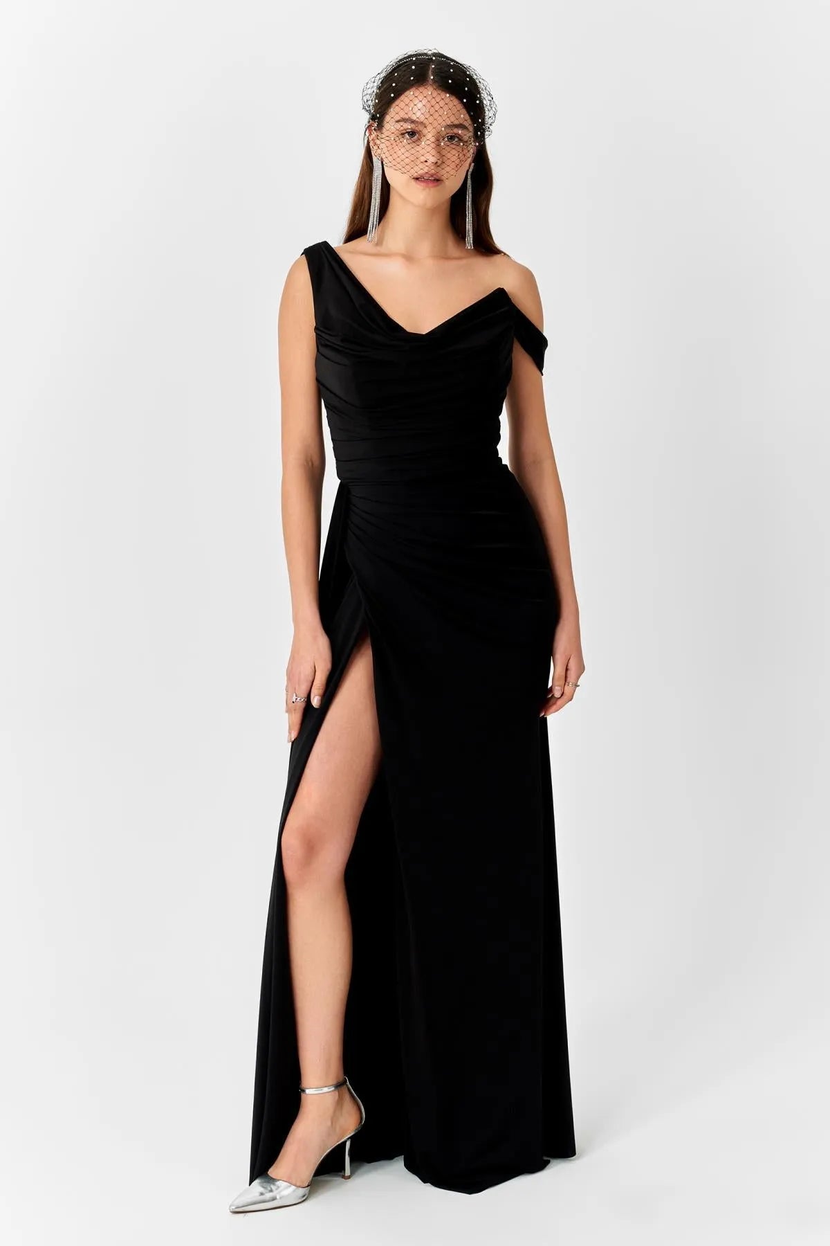Laced Back Knitted One Shoulder Long Evening Dress