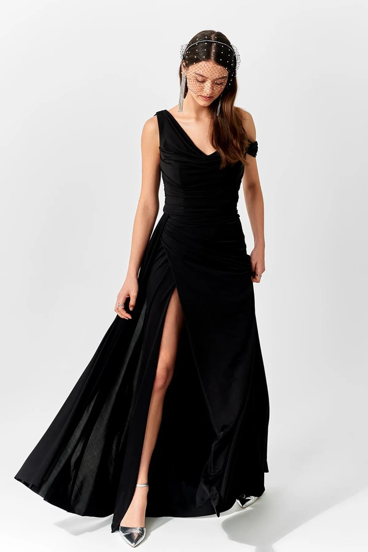 Laced Back Knitted One Shoulder Long Evening Dress