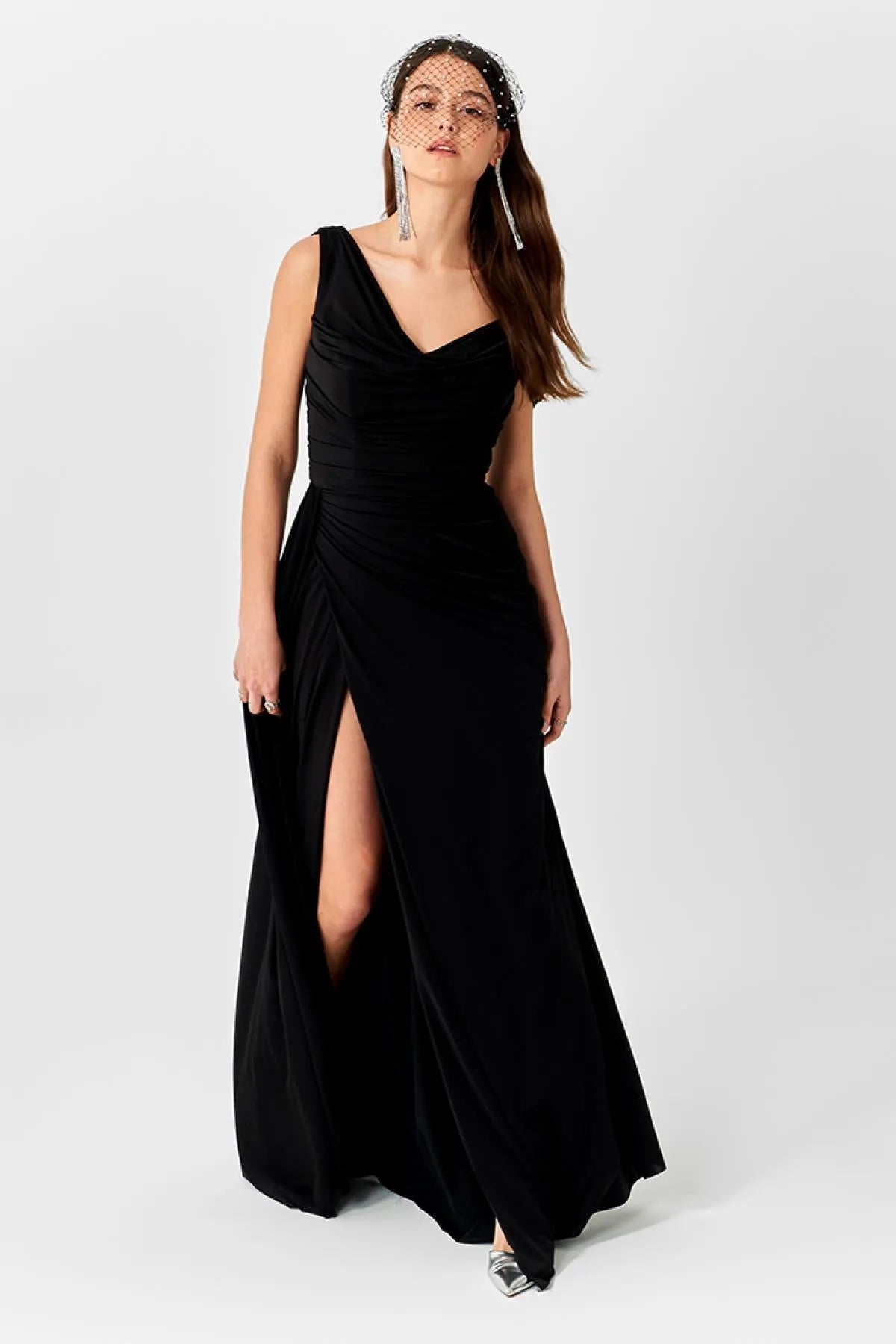 Laced Back Knitted One Shoulder Long Evening Dress