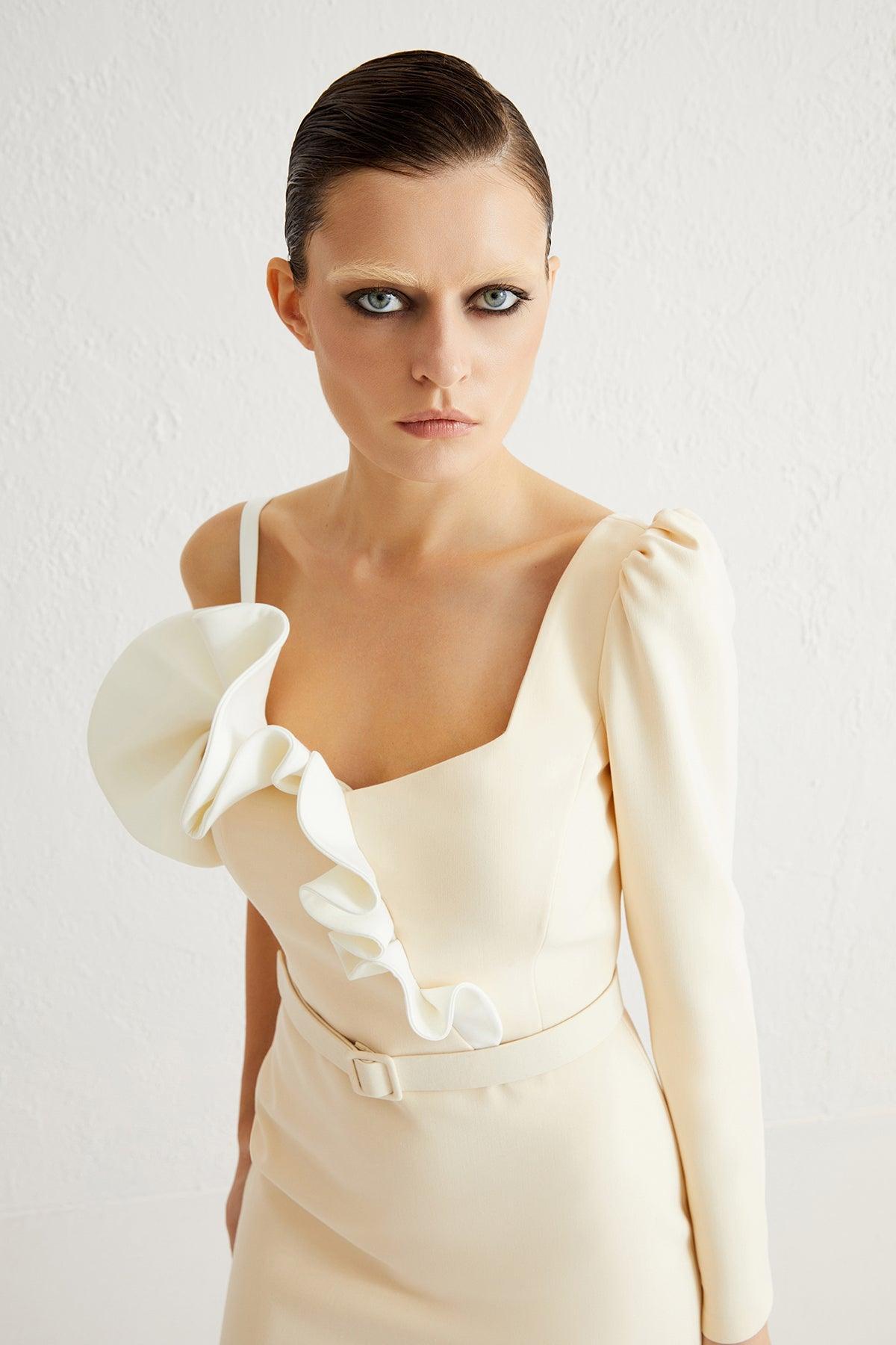 Asimetrik Yaka Tek Kollu Midi Elbise - Eser Giyim