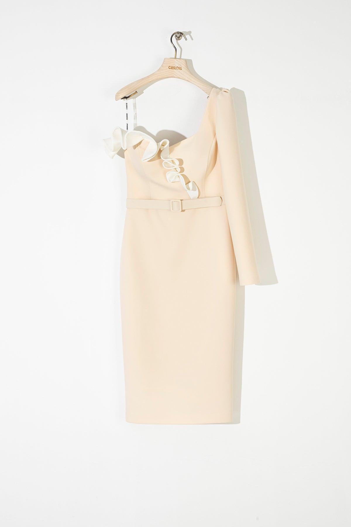 Asimetrik Yaka Tek Kollu Midi Elbise - Eser Giyim