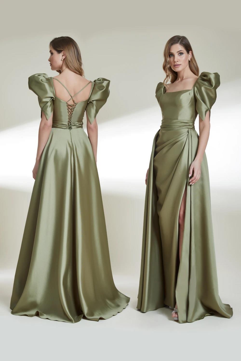 Balon Kollu Kare Yaka Yırtmaçlı Abiye Elbise - Eser Giyim