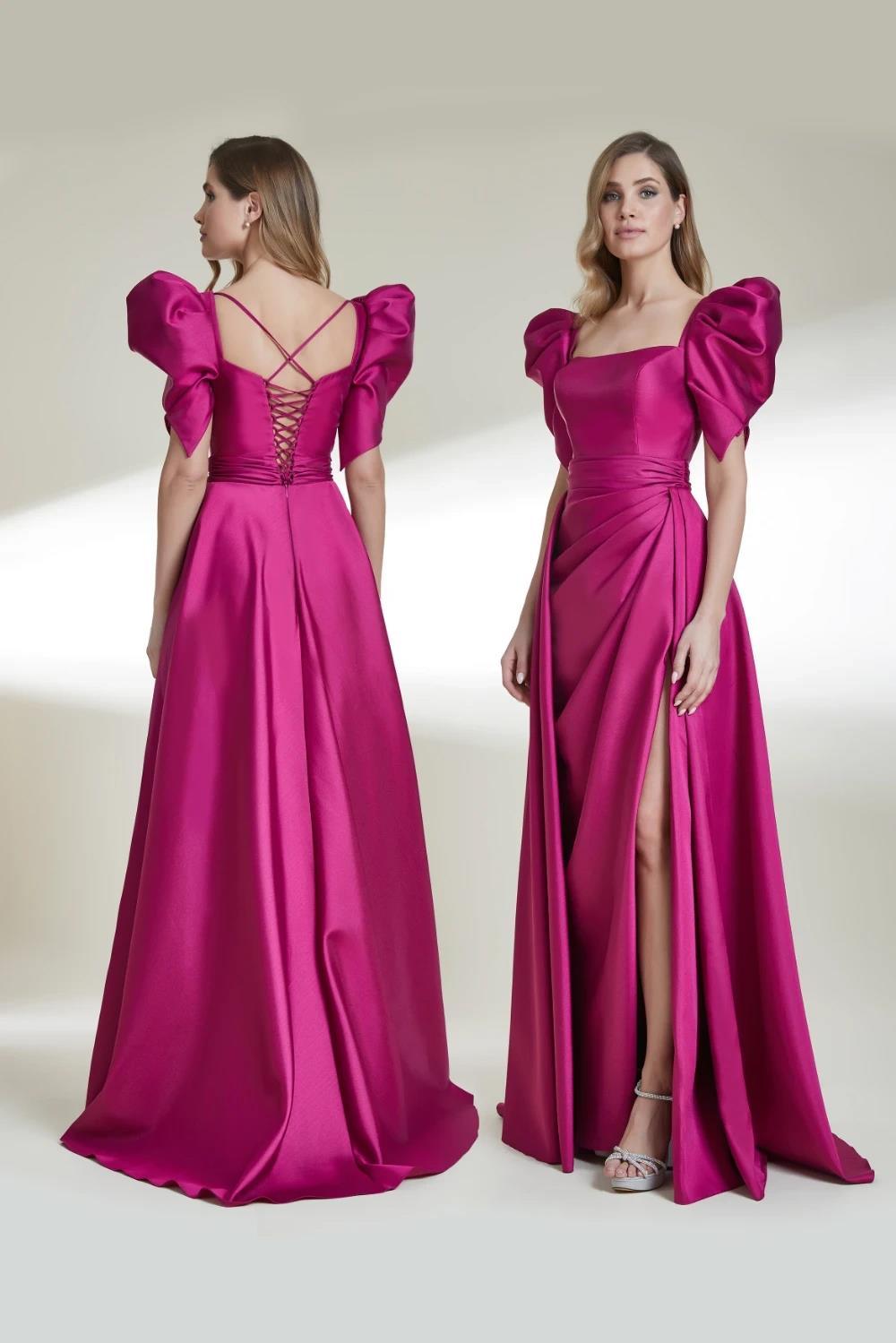 Balon Kollu Kare Yaka Yırtmaçlı Abiye Elbise - Eser Giyim