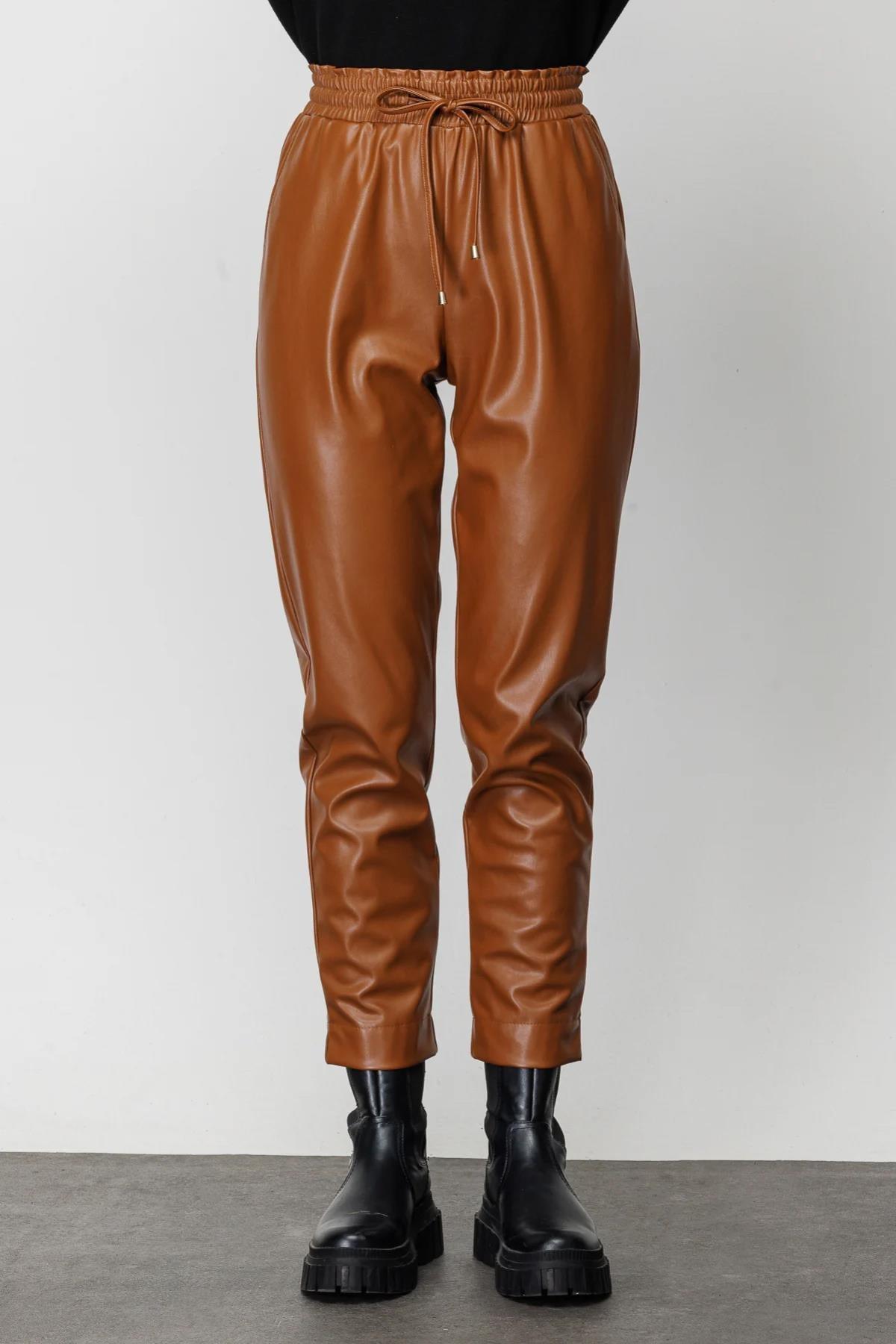 On Triko Beli Büzgülü Bağcıklı Deri Pantolon - Eser Giyim