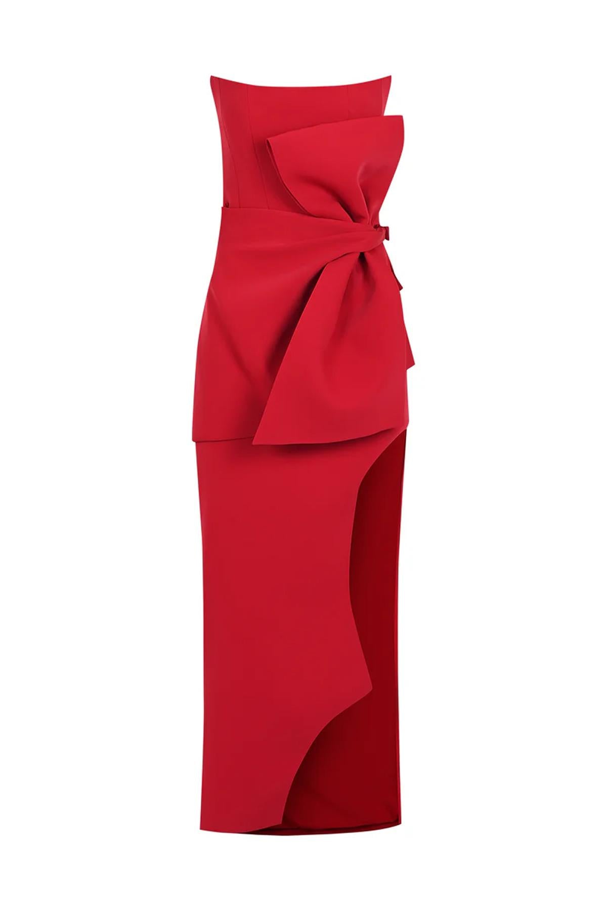 Strapless Slit Evening Dress with Waist Bow