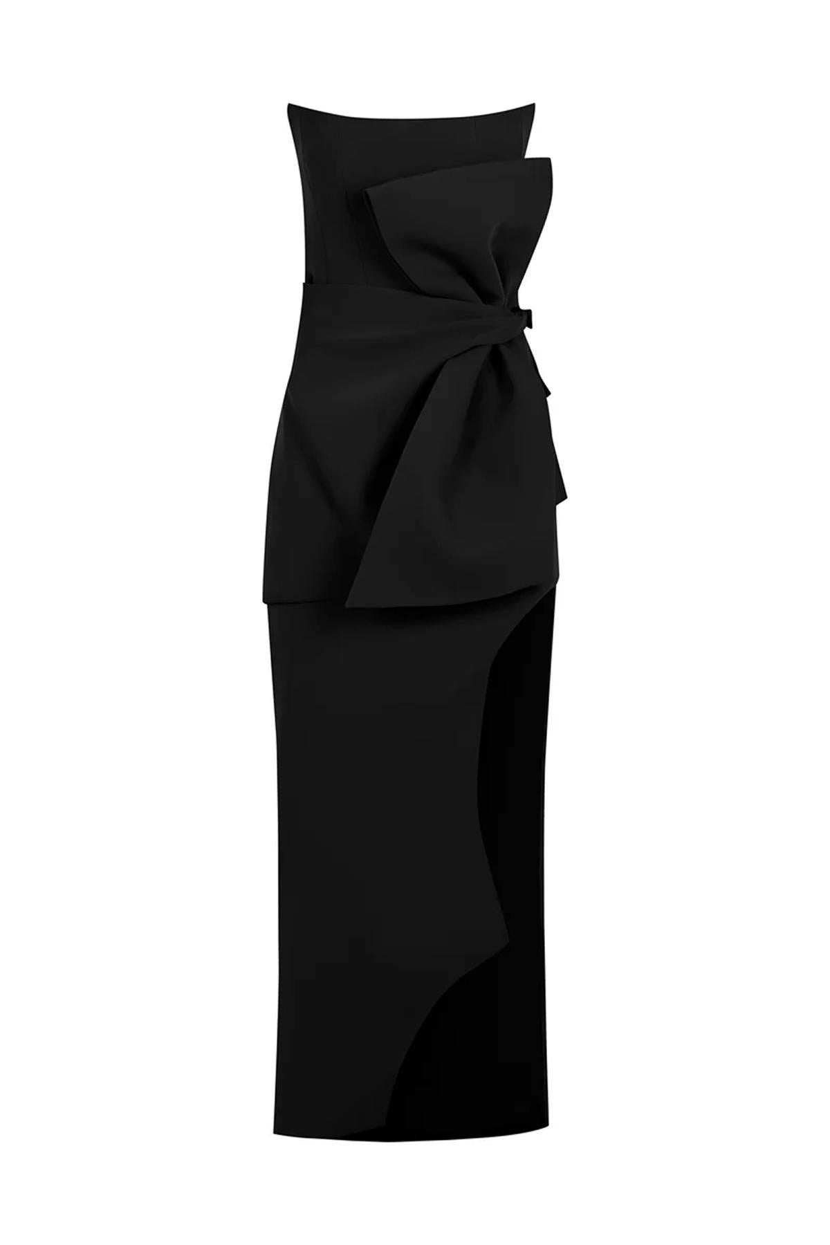 Strapless Slit Evening Dress with Waist Bow