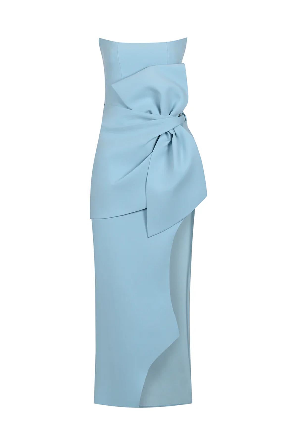 Strapless Slit Evening Dress with Waist Bow