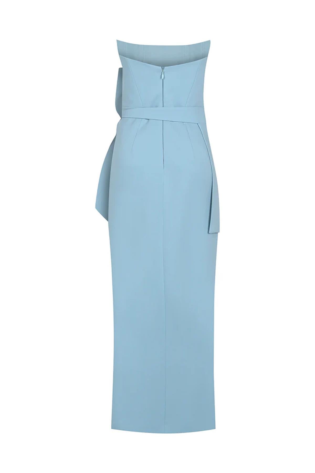 Strapless Slit Evening Dress with Waist Bow