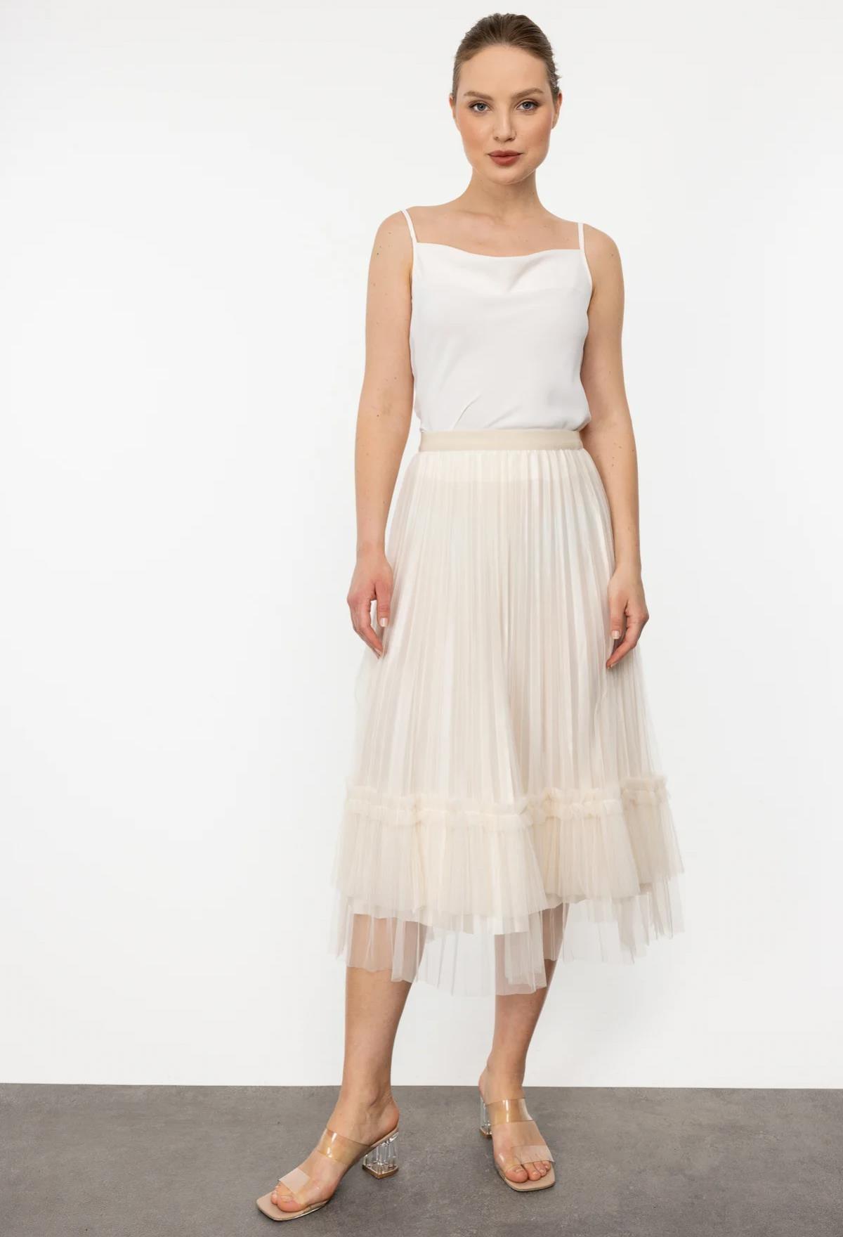 Beli Lastikli Uzun Tül Etek - Eser Giyim