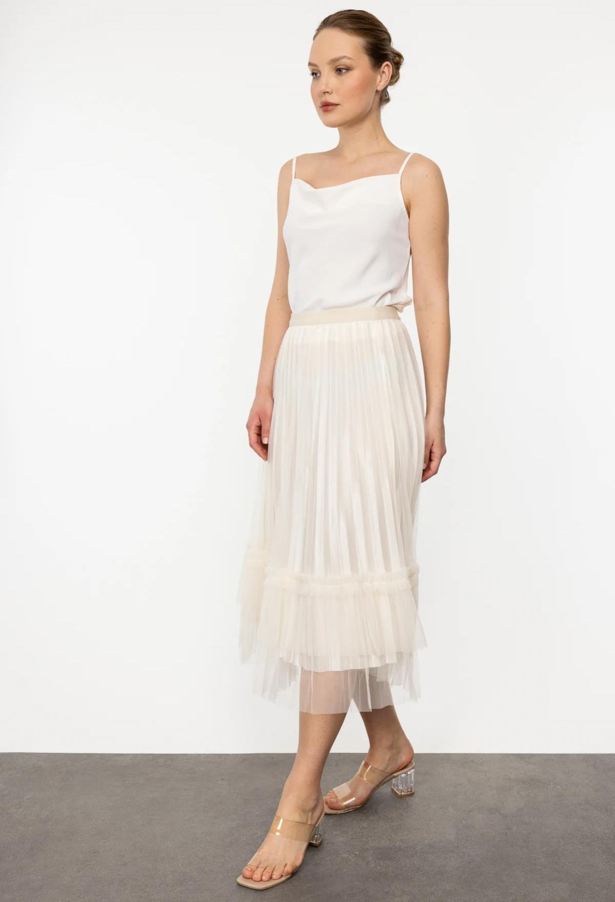 Beli Lastikli Uzun Tül Etek - Eser Giyim