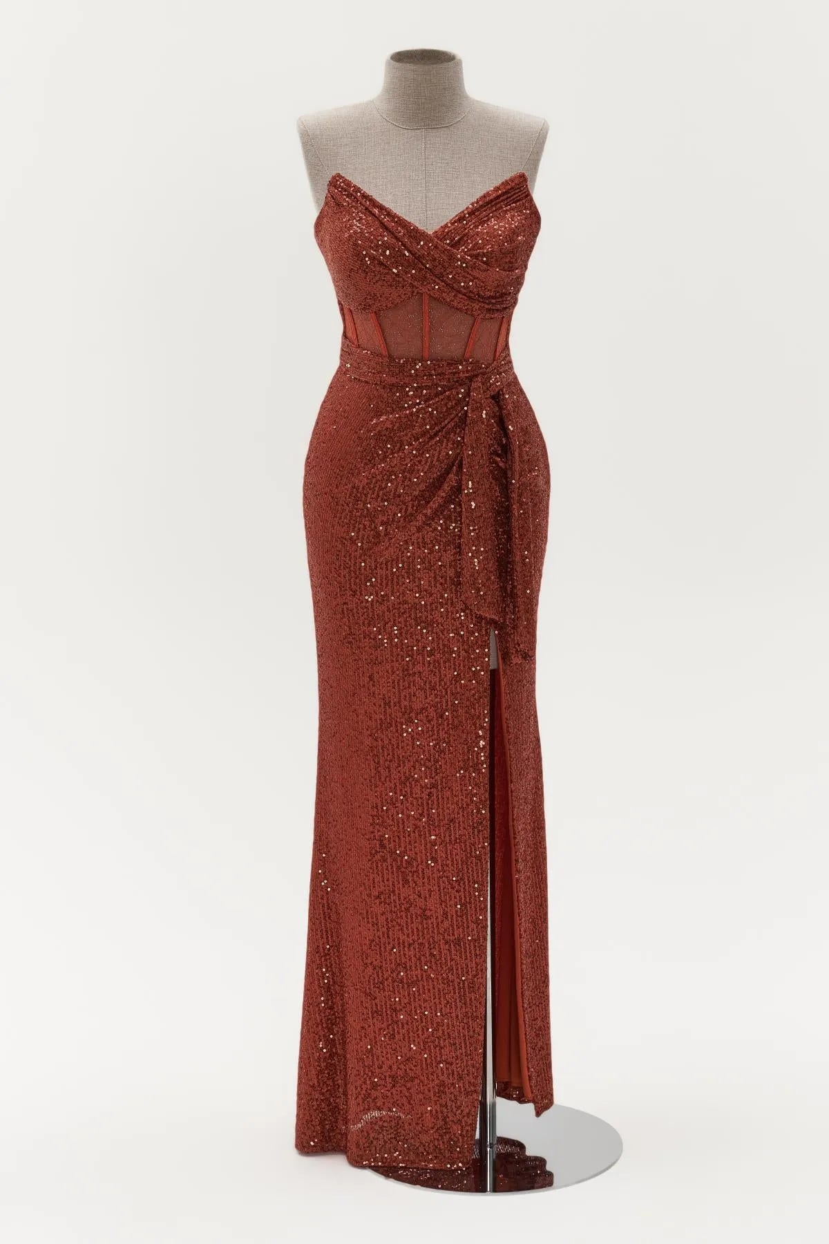 Payetli Beli Transparan Yırtmaçlı Uzun Abiye Elbise