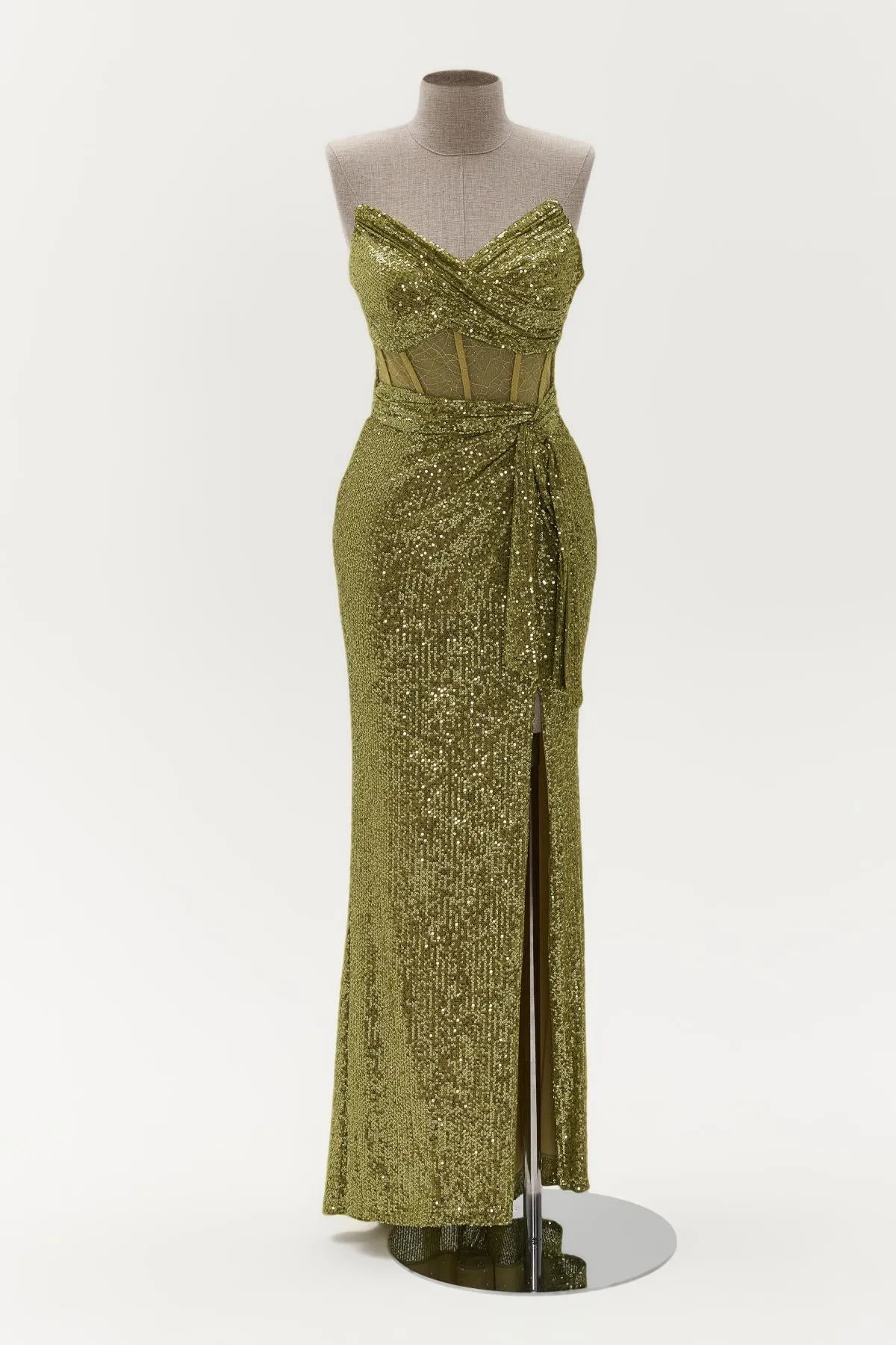 Payetli Beli Transparan Yırtmaçlı Uzun Abiye Elbise