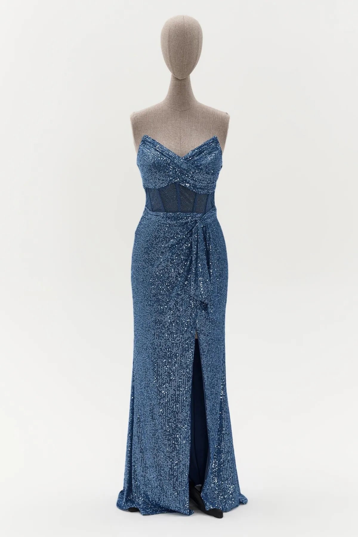 Payetli Beli Transparan Yırtmaçlı Uzun Abiye Elbise