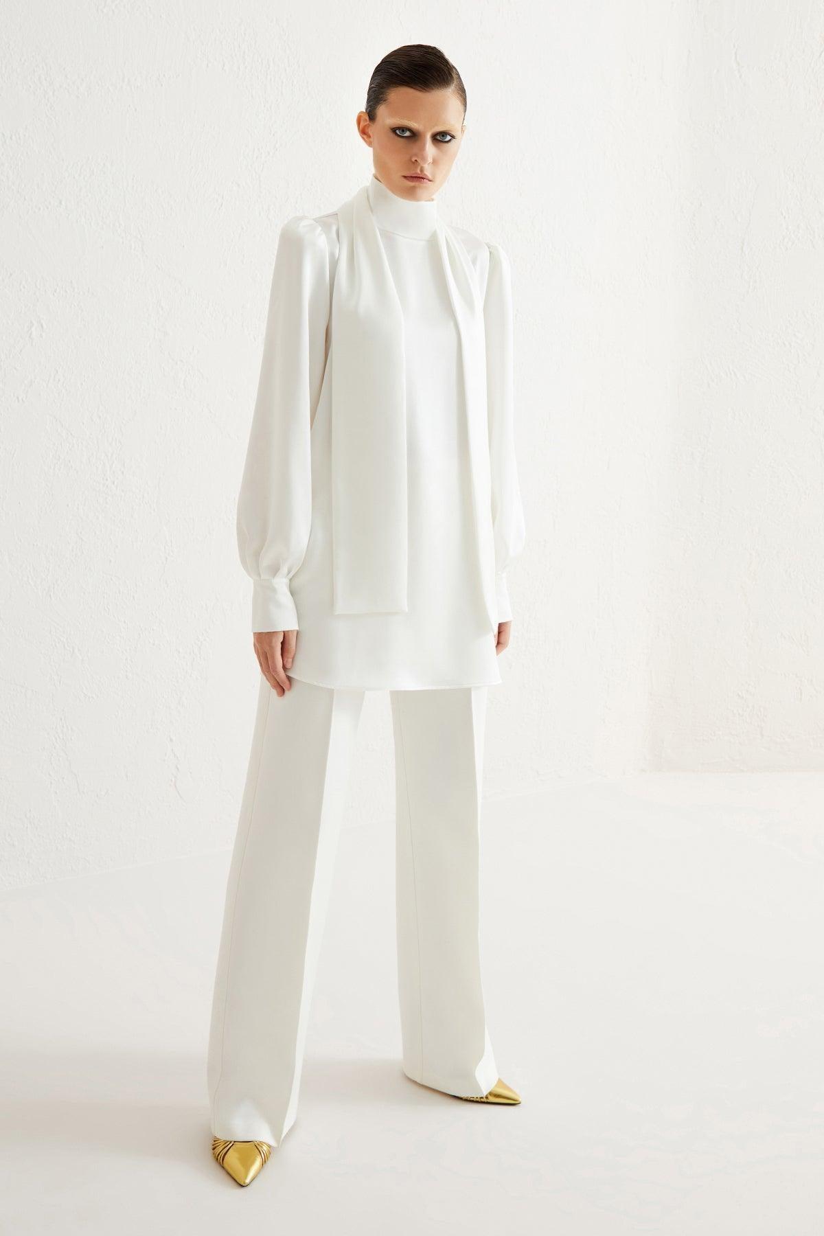 Beyaz Saten Yaka Bağlamalı Manşetli Tunik - Eser Giyim