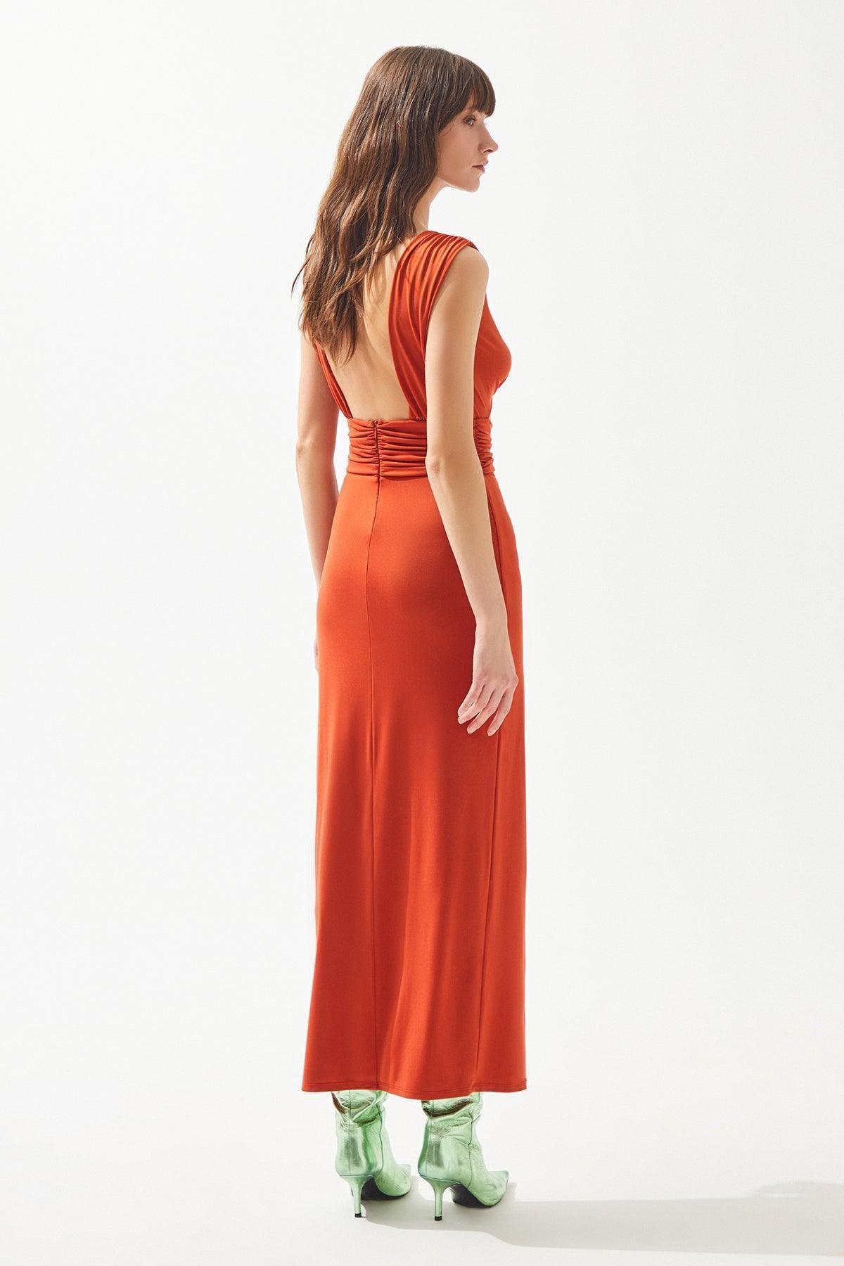 Büzgü Ve Pencere Detaylı Yandan Yırtmaçlı Elbise - Eser Giyim