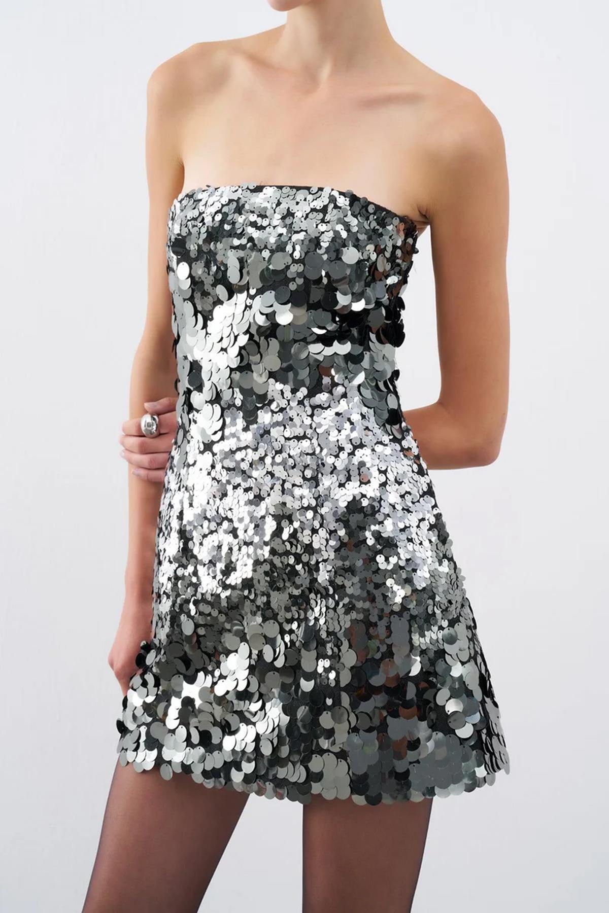 Sequined Strapless Mini Evening Dress