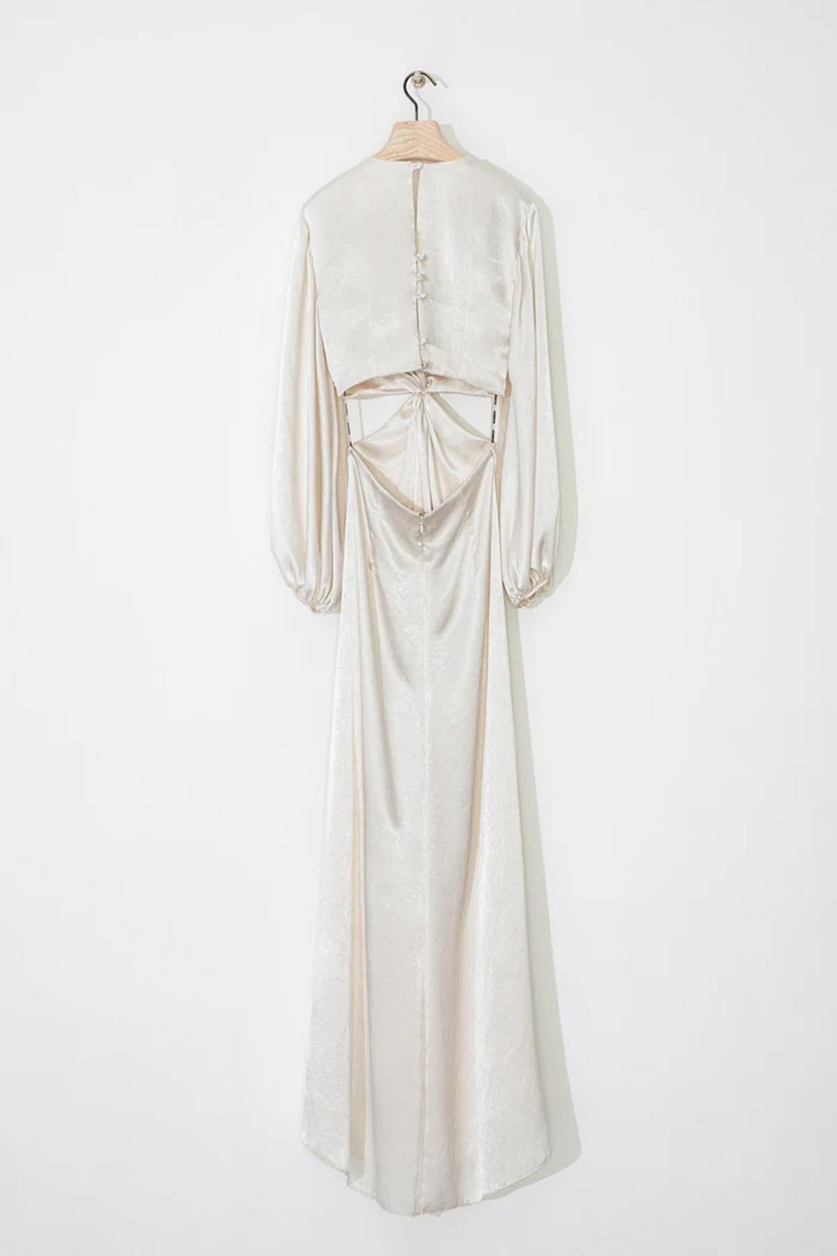 Pencereli Düğüm Detaylı Saten Uzun Elbise