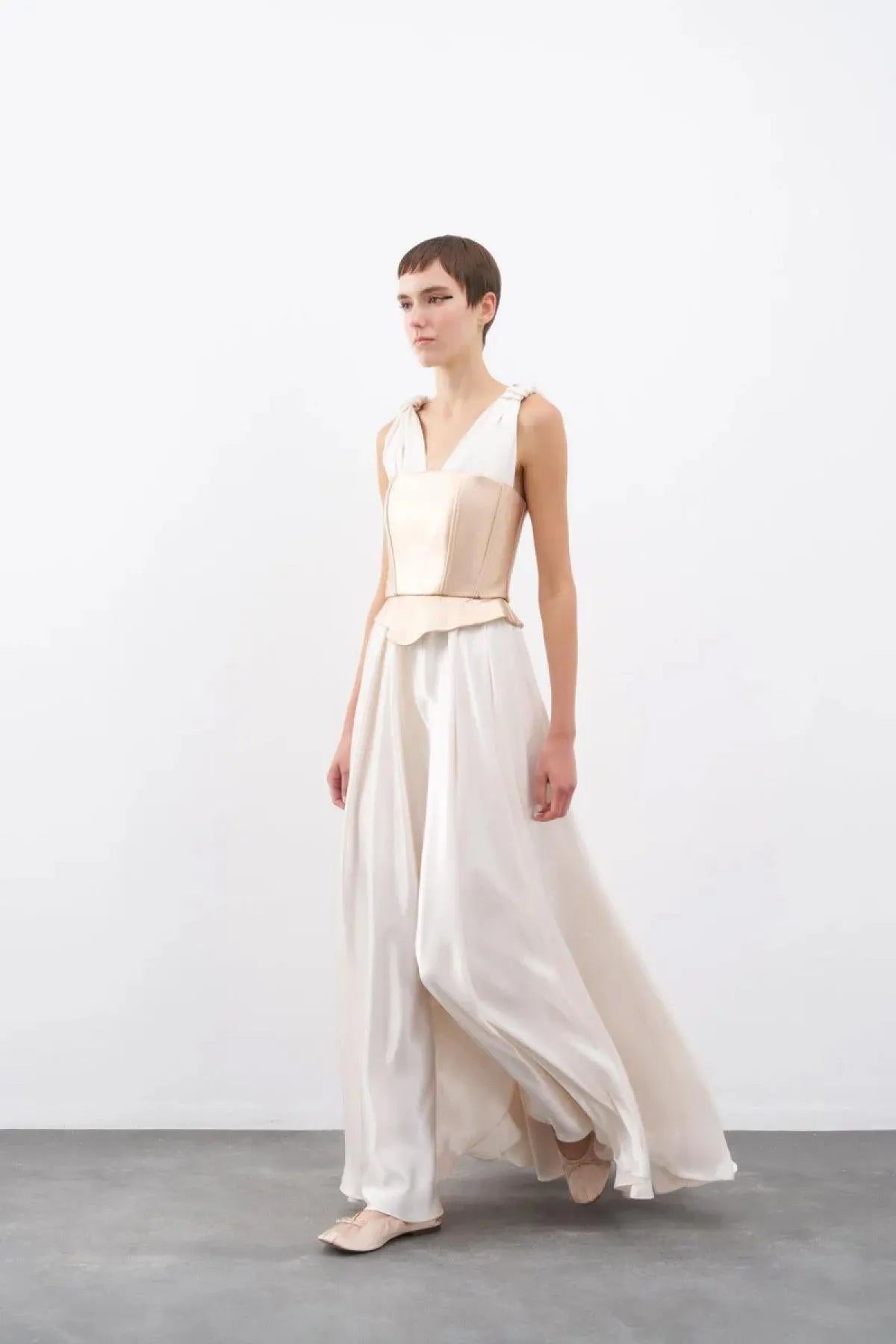 Long Evening Dress with Metallic Strappy Bodice