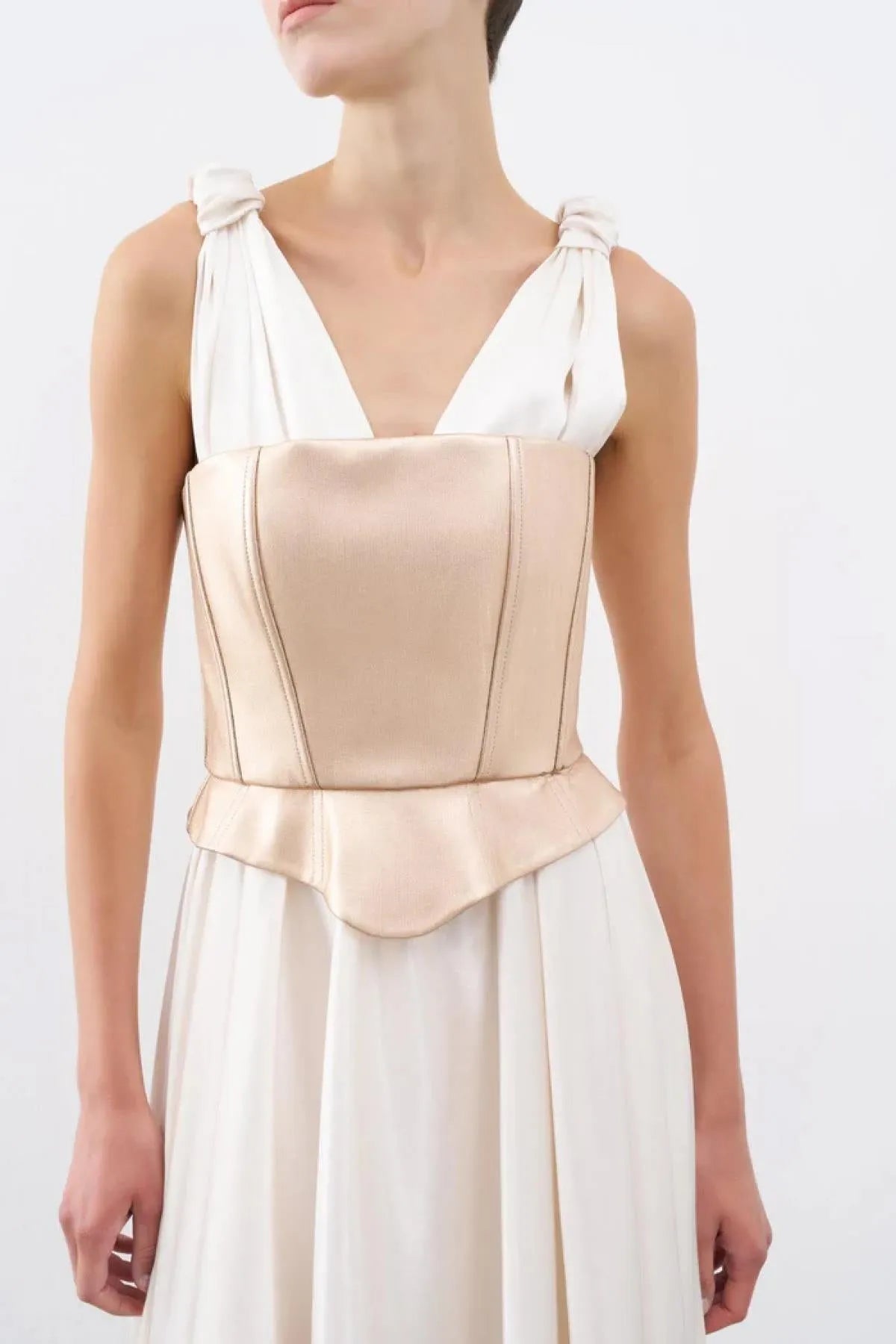 Long Evening Dress with Metallic Strappy Bodice