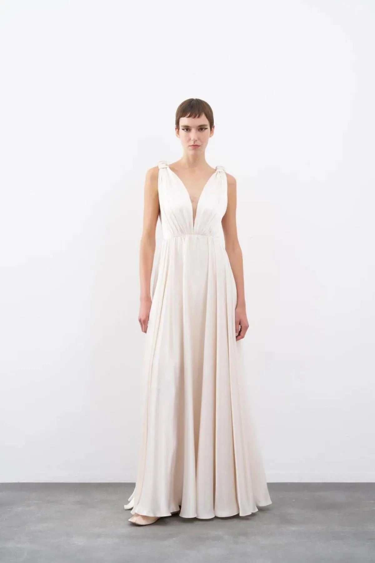 Long Evening Dress with Metallic Strappy Bodice