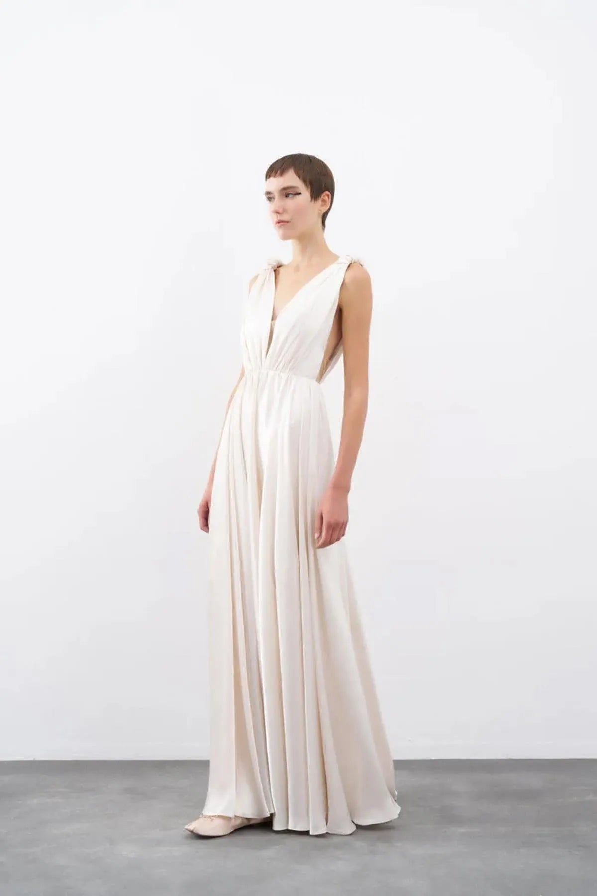 Long Evening Dress with Metallic Strappy Bodice