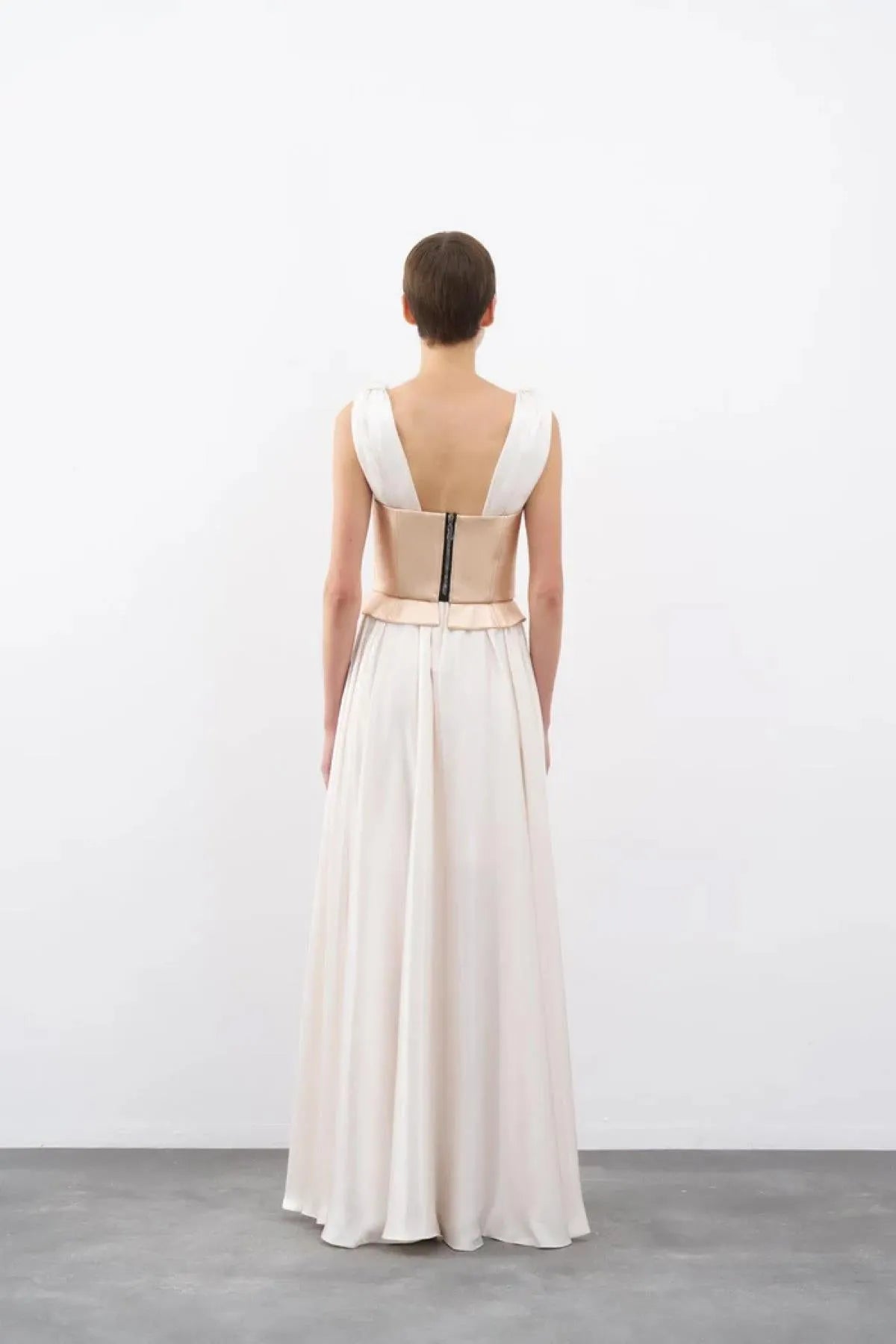 Long Evening Dress with Metallic Strappy Bodice