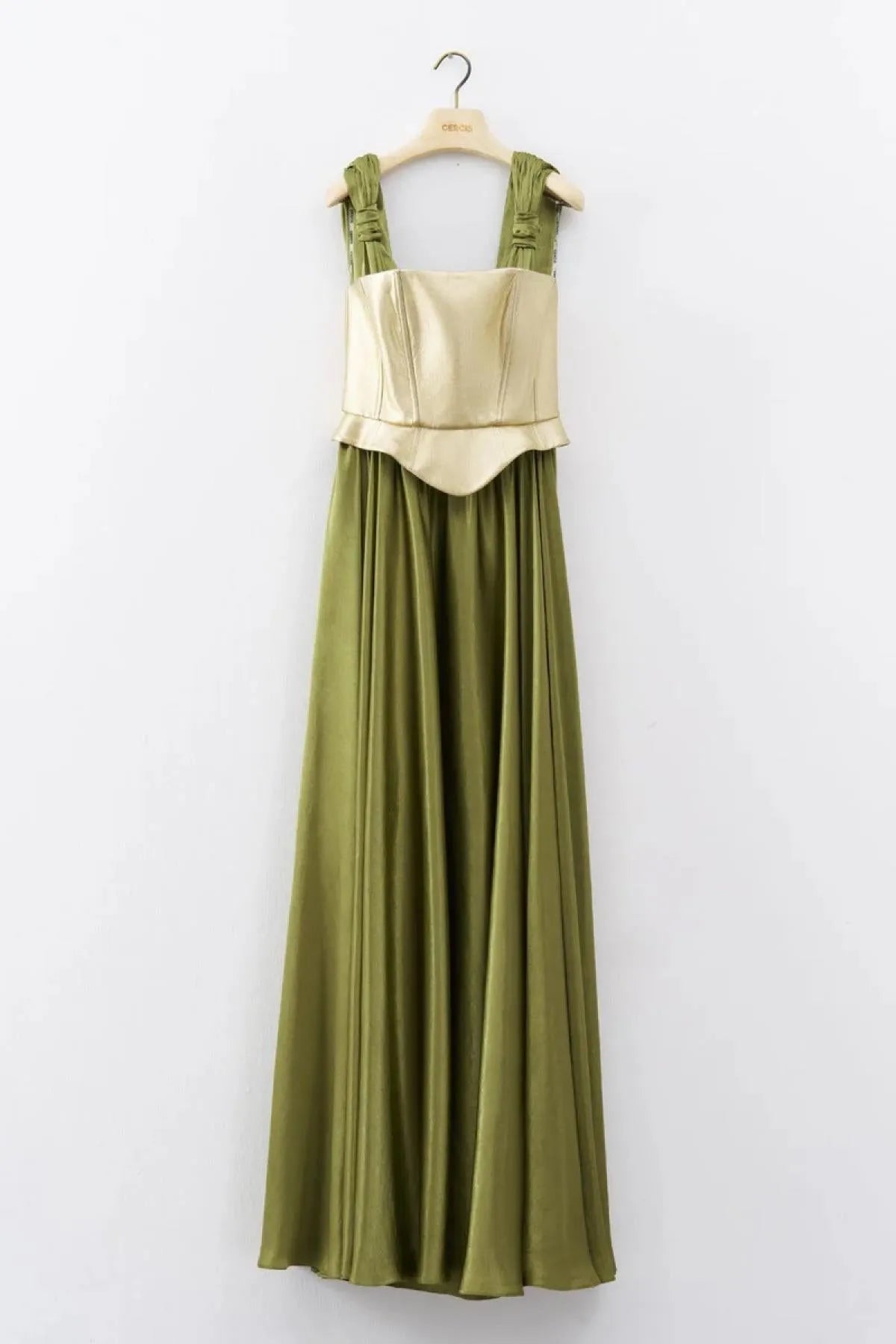 Long Evening Dress with Metallic Strappy Bodice
