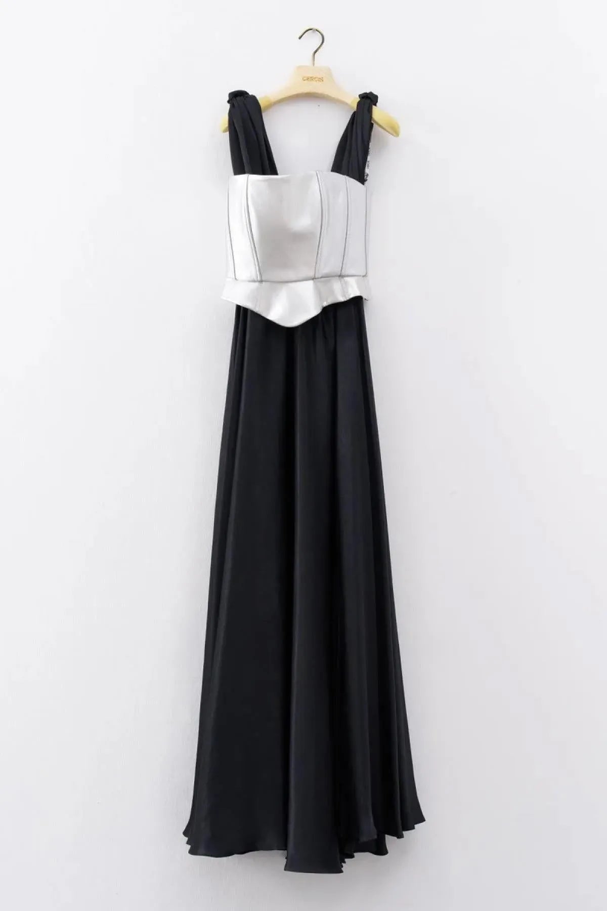 Long Evening Dress with Metallic Strappy Bodice