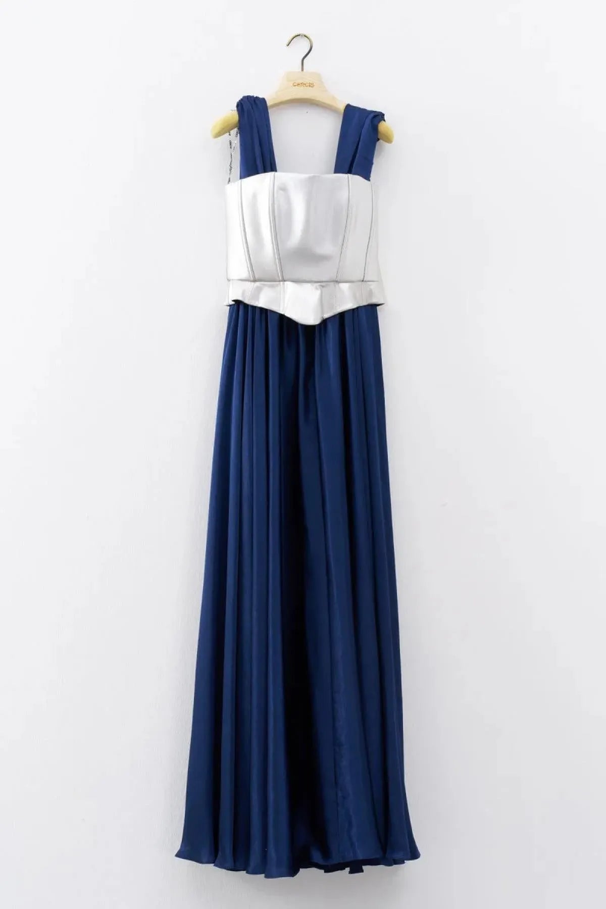 Long Evening Dress with Metallic Strappy Bodice