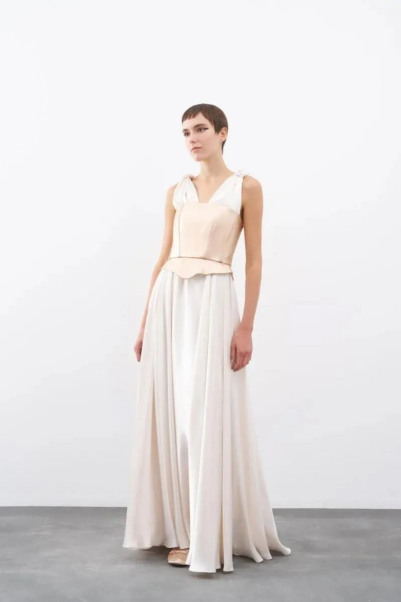 Long Evening Dress with Metallic Strappy Bodice