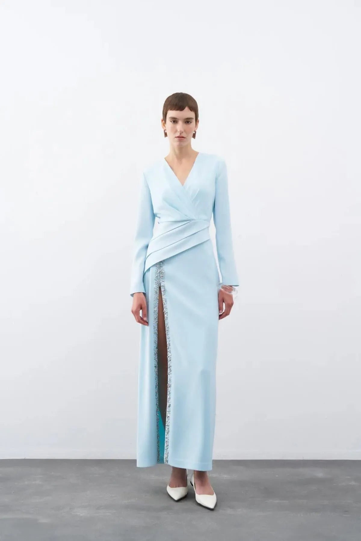 Draped and Embroidered Detailed Slit Long Evening Dress