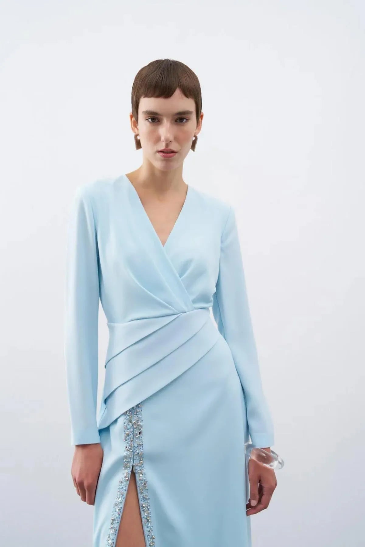 Draped and Embroidered Detailed Slit Long Evening Dress