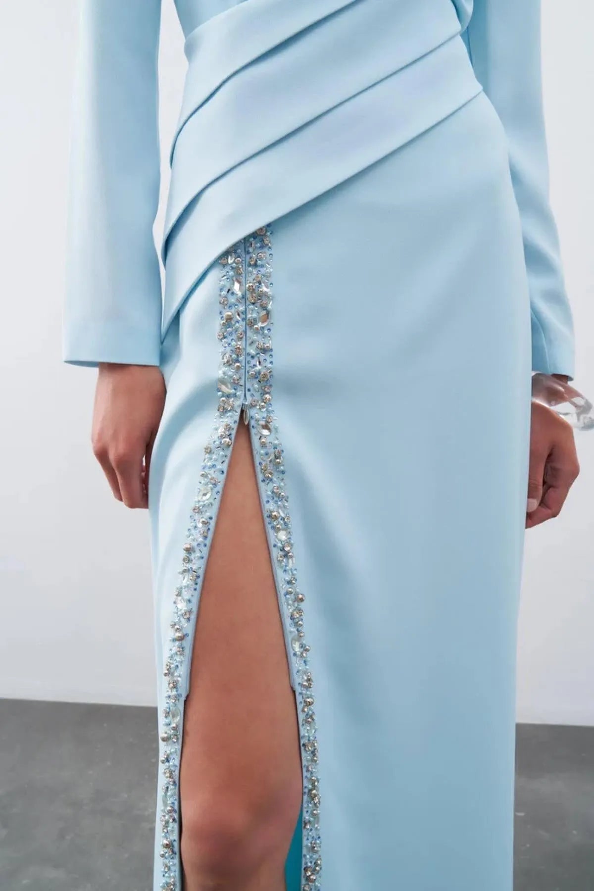 Draped and Embroidered Detailed Slit Long Evening Dress