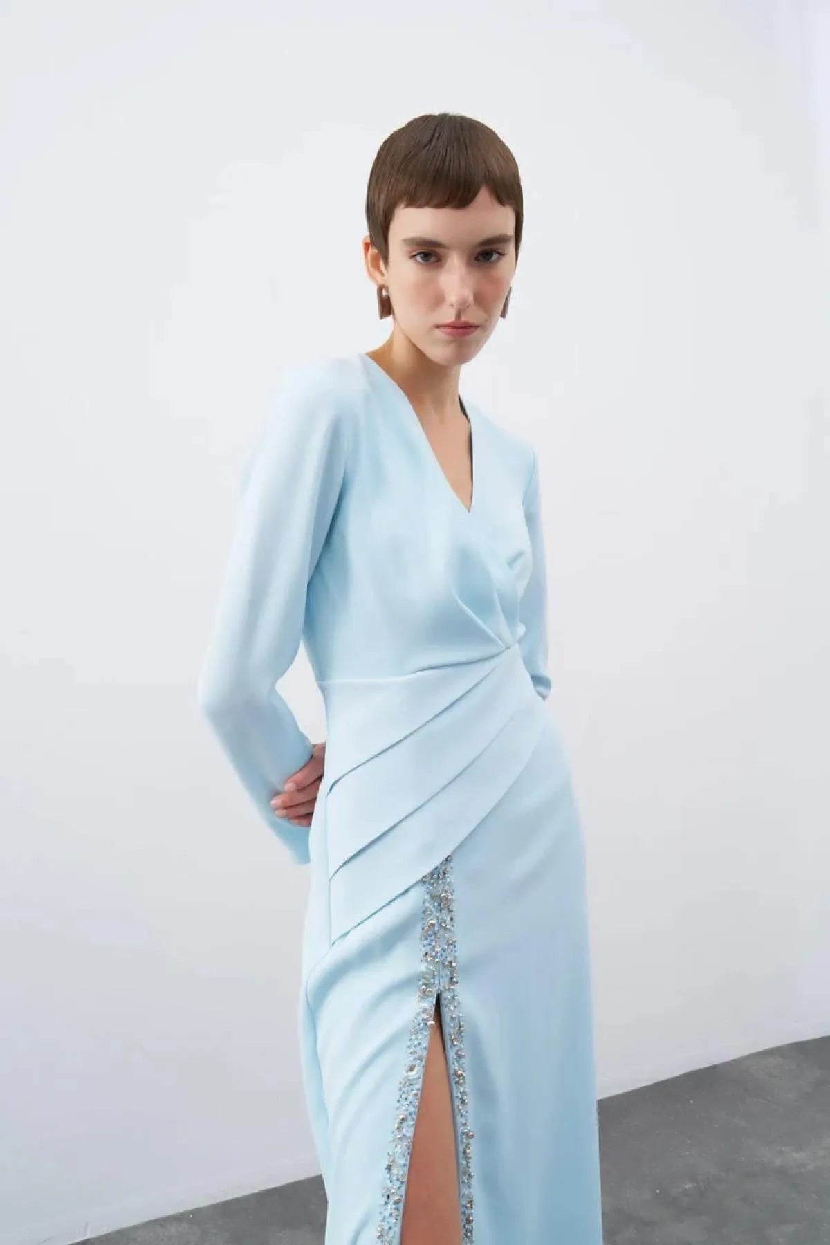 Draped and Embroidered Detailed Slit Long Evening Dress