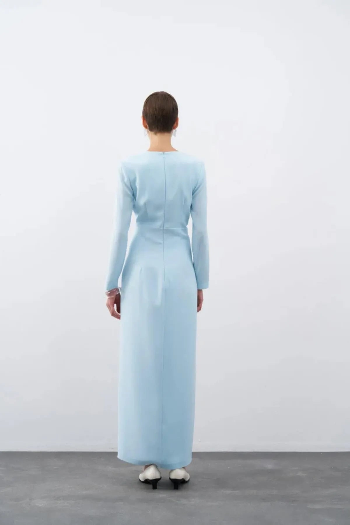 Draped and Embroidered Detailed Slit Long Evening Dress