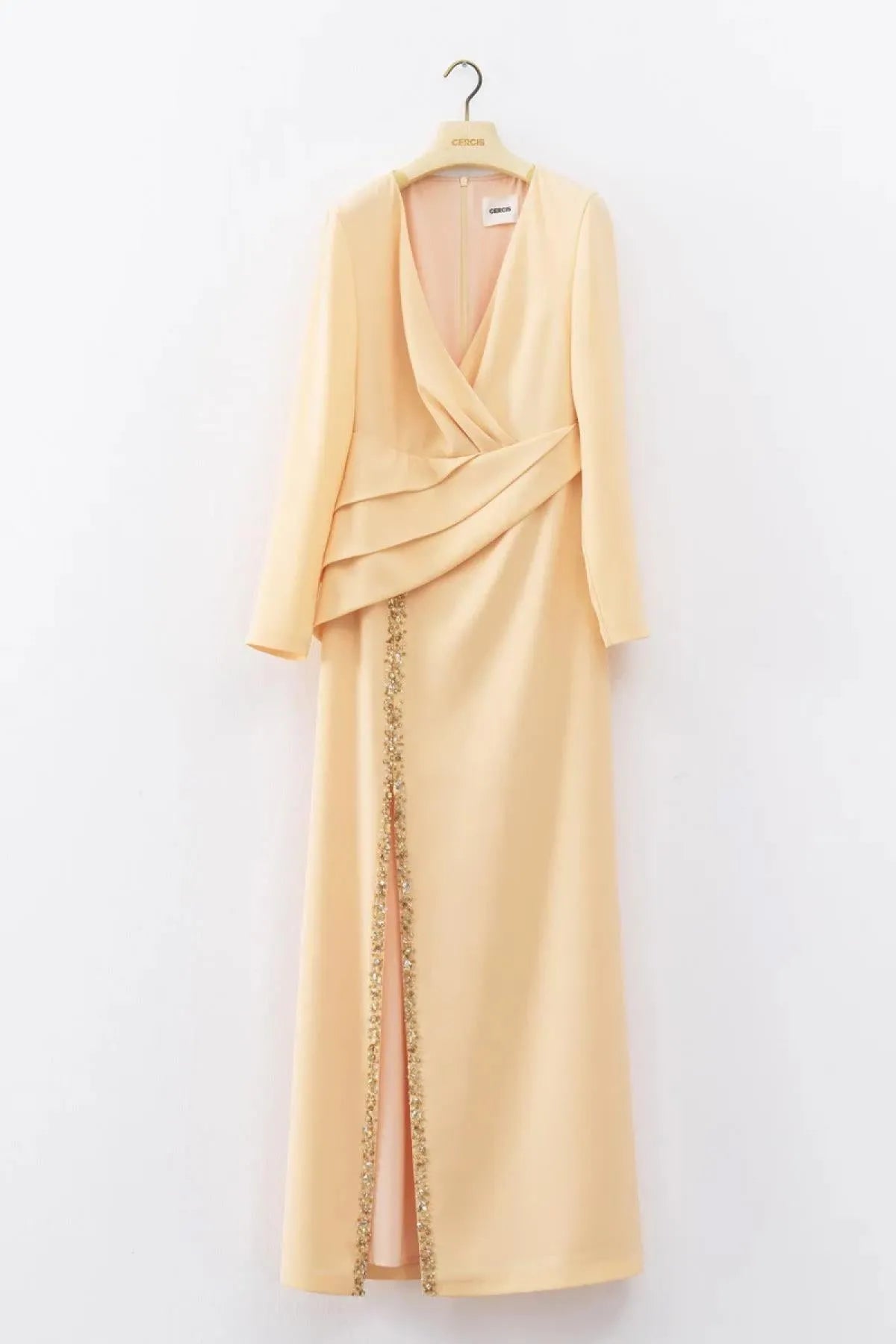 Draped and Embroidered Detailed Slit Long Evening Dress