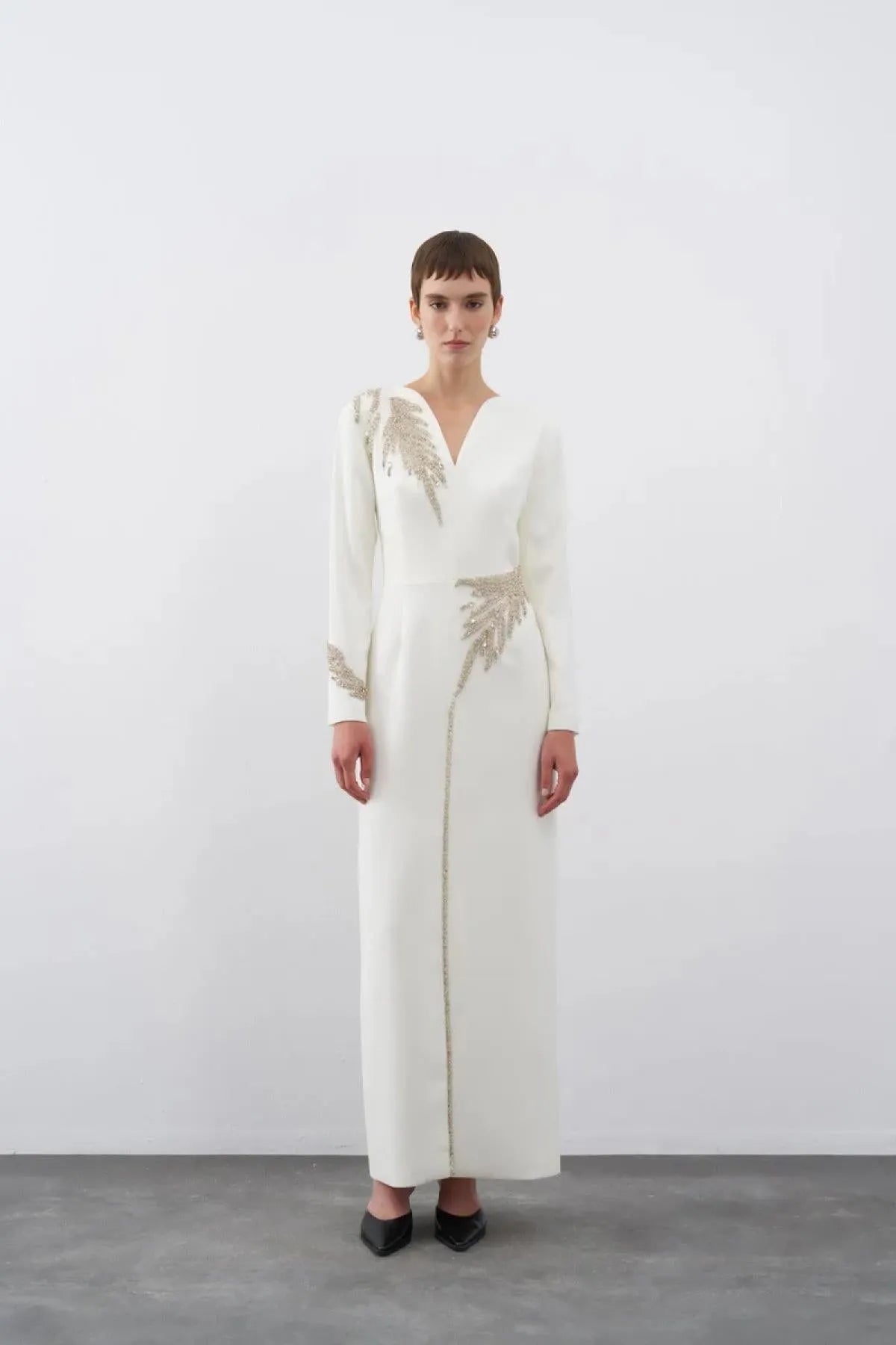 Stone Embroidered V Neck Front Slit Long Evening Dress