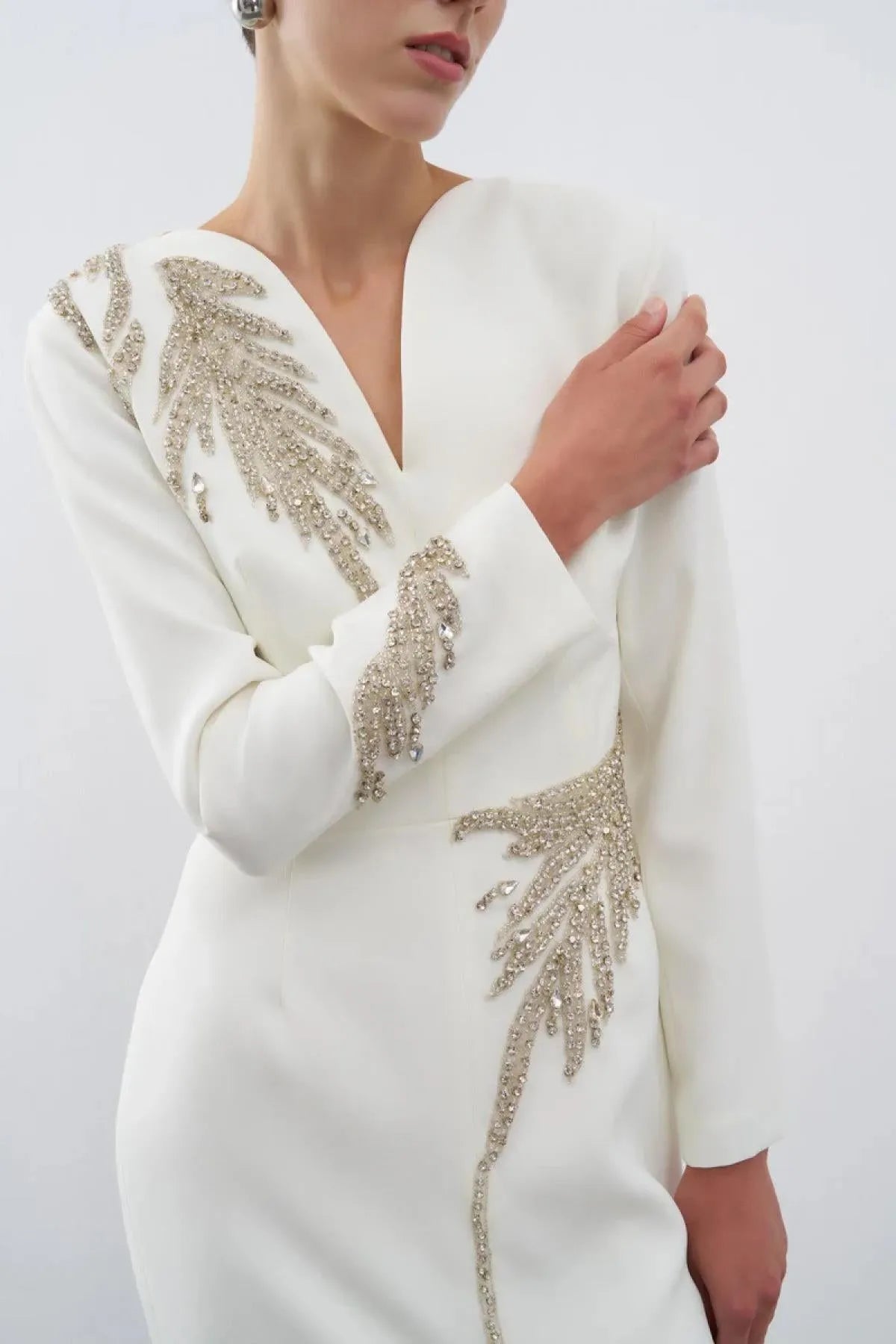 Stone Embroidered V Neck Front Slit Long Evening Dress