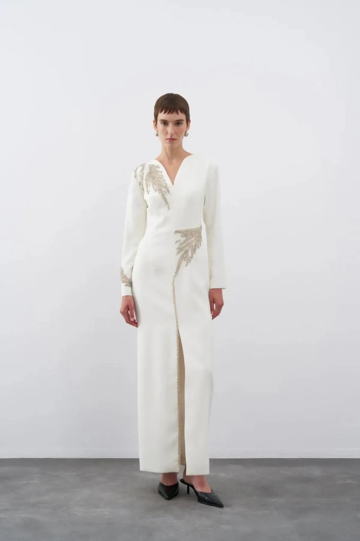 Stone Embroidered V Neck Front Slit Long Evening Dress