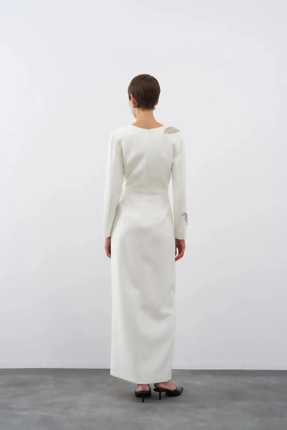 Stone Embroidered V Neck Front Slit Long Evening Dress