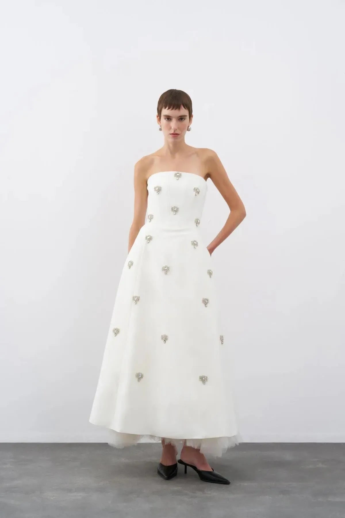 Strapless A-Line Evening Dress with Stone Embroidery on the Front