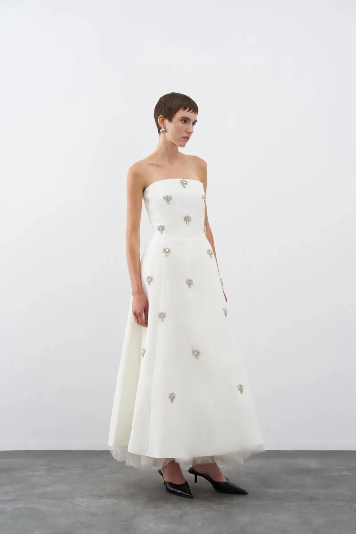 Strapless A-Line Evening Dress with Stone Embroidery on the Front