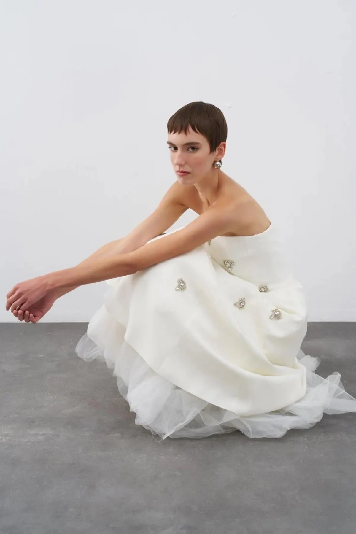 Strapless A-Line Evening Dress with Stone Embroidery on the Front