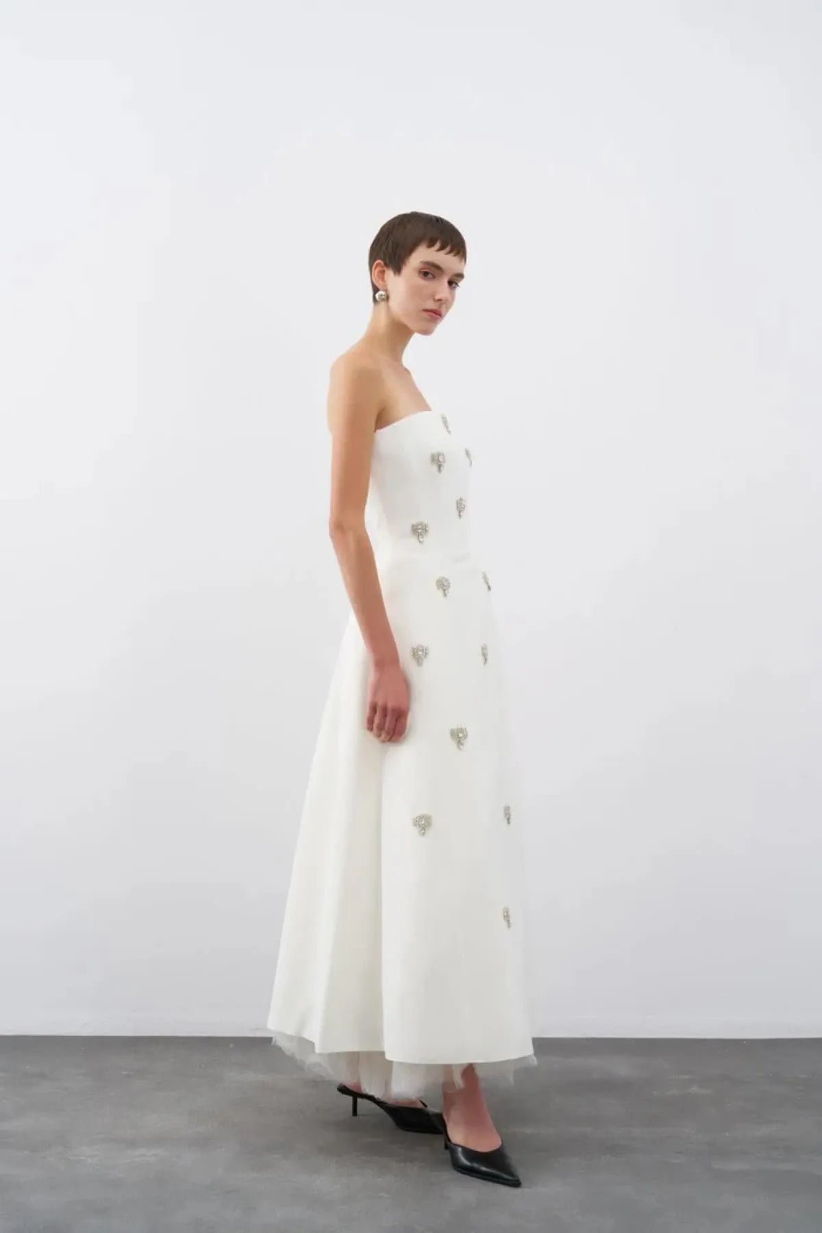 Strapless A-Line Evening Dress with Stone Embroidery on the Front