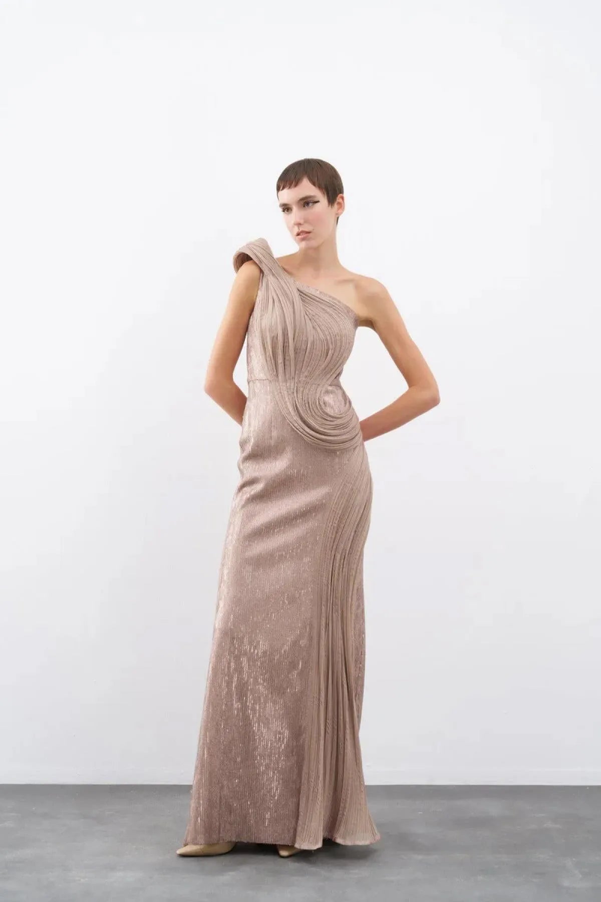 One Shoulder Sequined Organza Detailed Long Evening Dress
