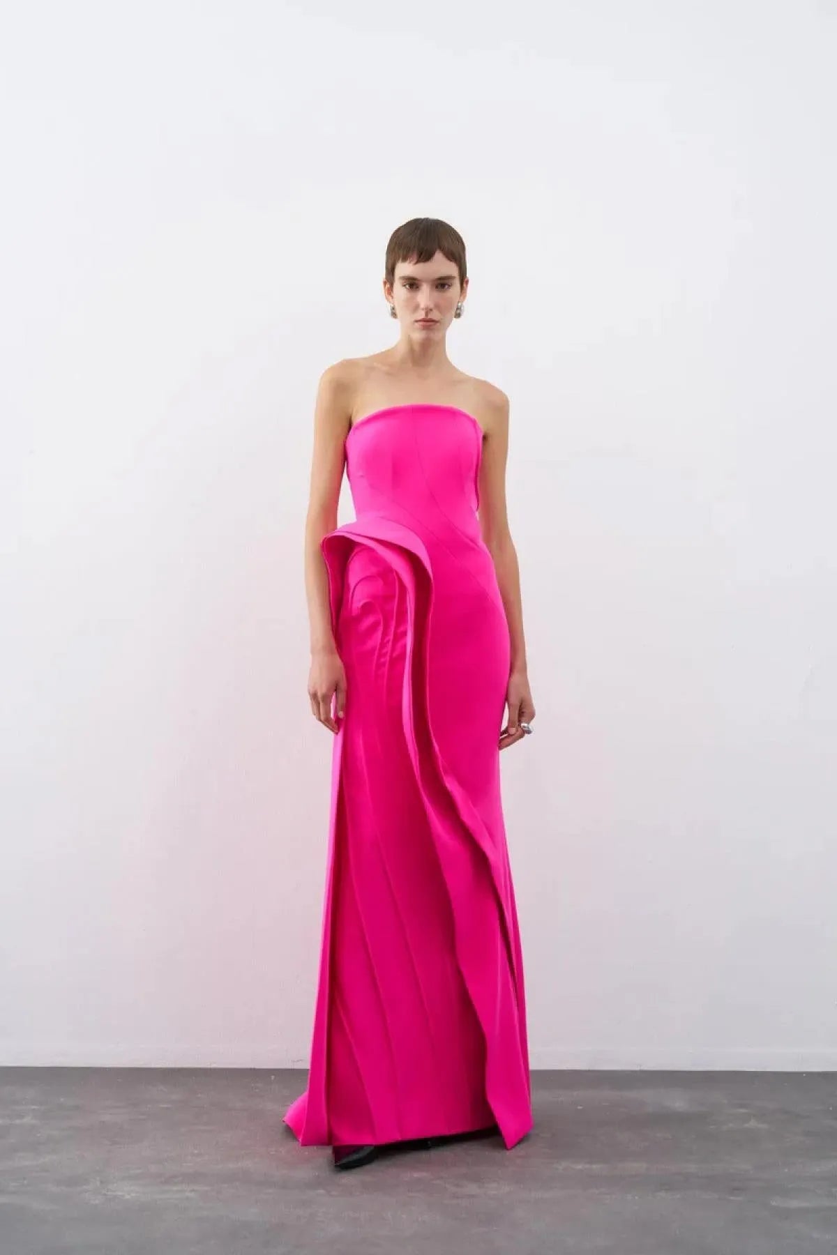 Strapless Flounce Detailed Long Evening Dress
