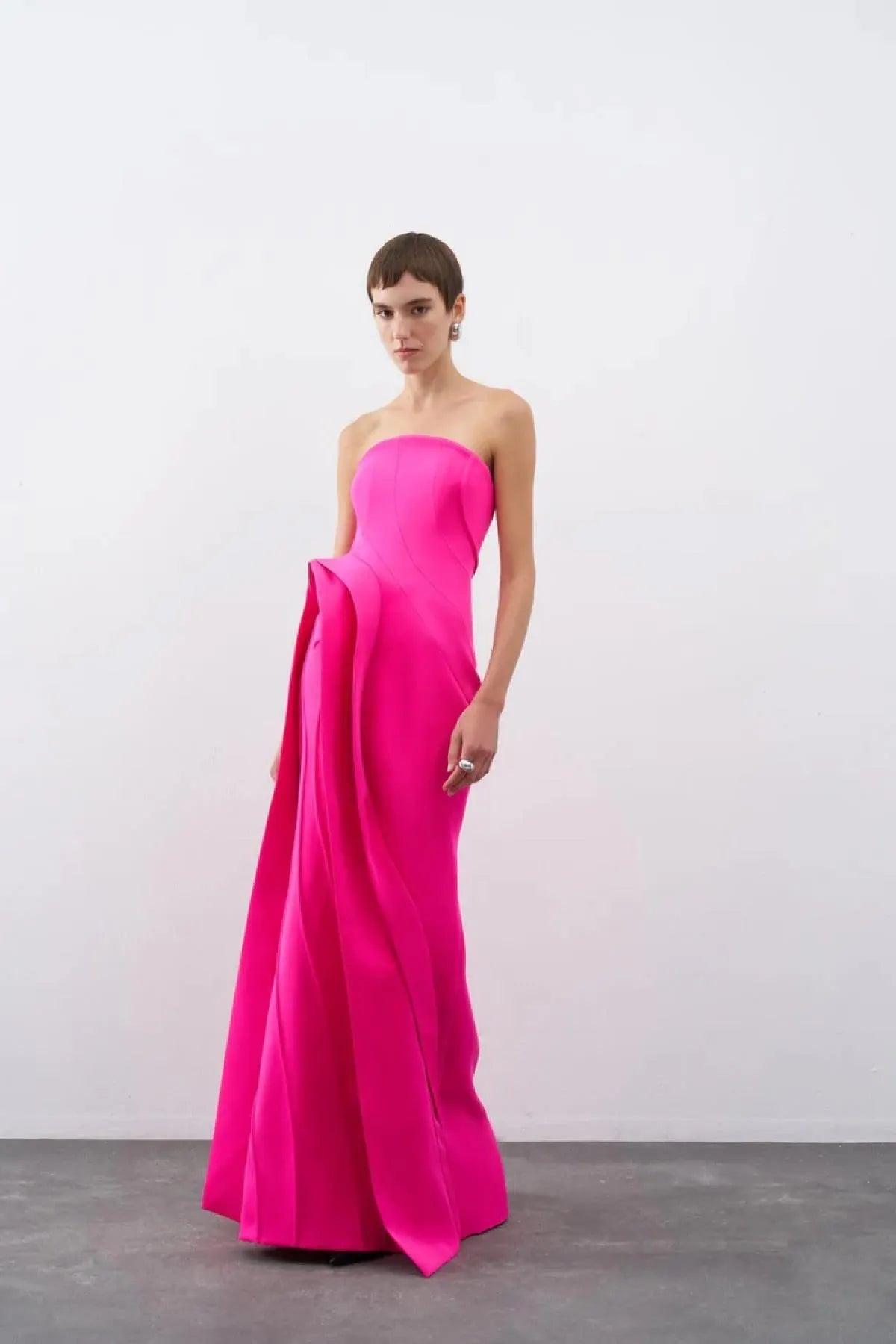 Strapless Flounce Detailed Long Evening Dress