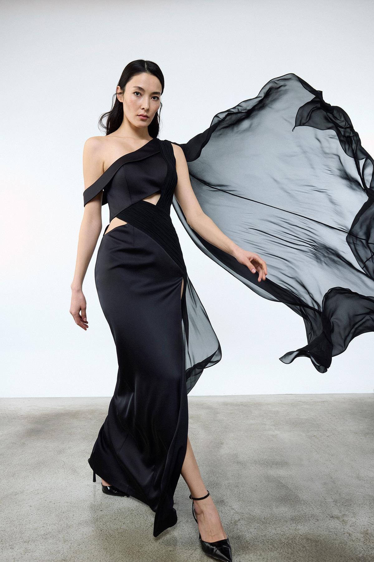 One Shoulder Draped Cape Long Evening Dress