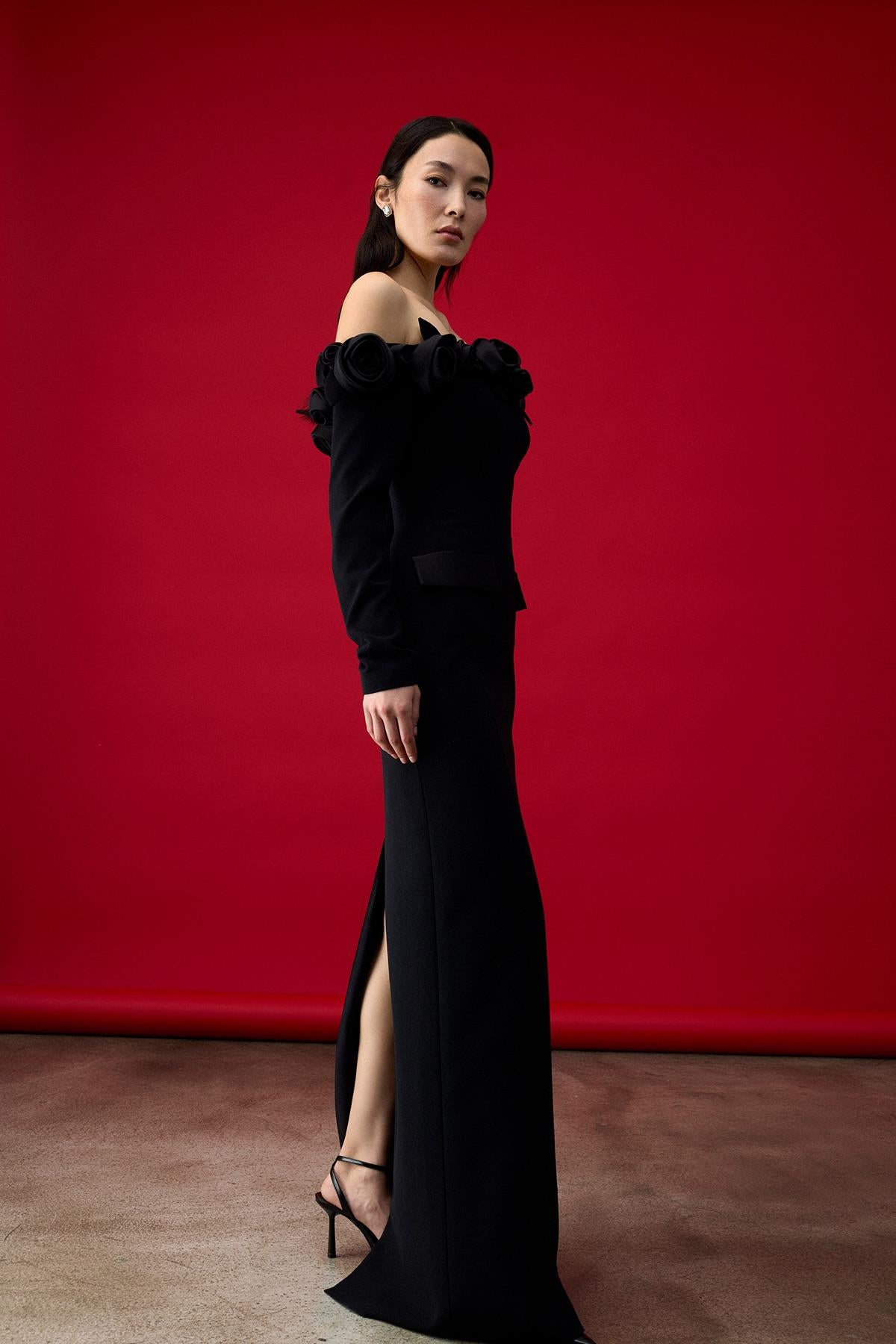 Off the Shoulder Rose Applique Long Sleeve Evening Dress