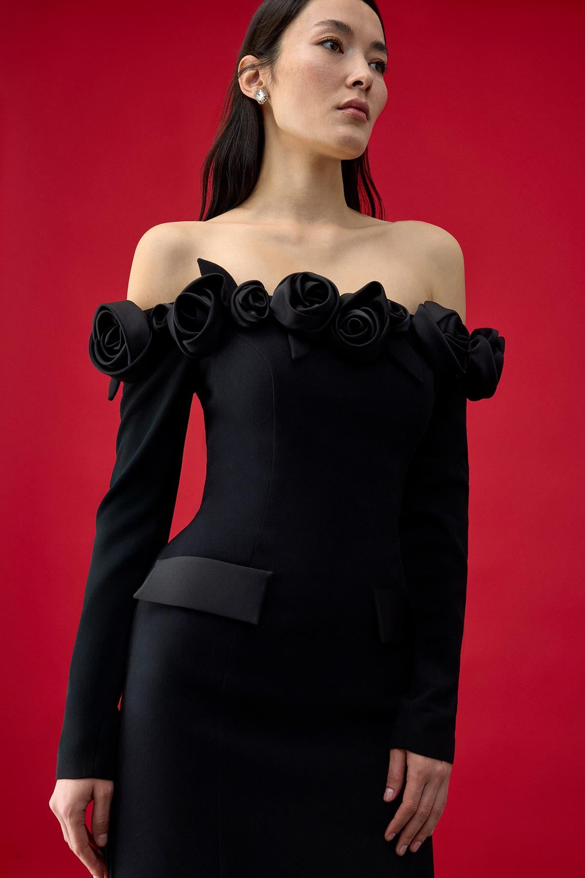 Off the Shoulder Rose Applique Long Sleeve Evening Dress